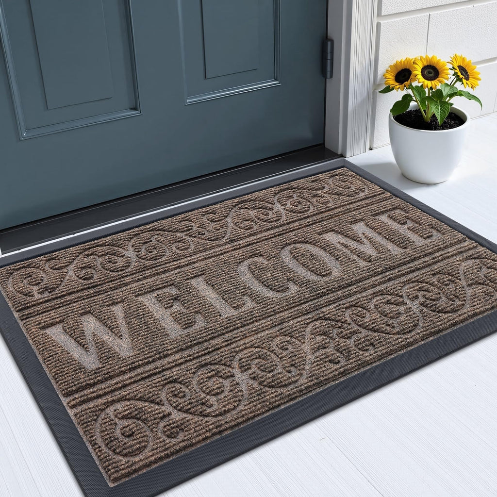 OLANLY Front Door Mat Outside Entrance 29.5x17, Absorbent, Heavy Duty Sturdy Natural Rubber Doormat Indoor Outdoor, Stain and Fade Resistant, Non-Slip Backing Low Profile Floor Mat for Entryway, Grey