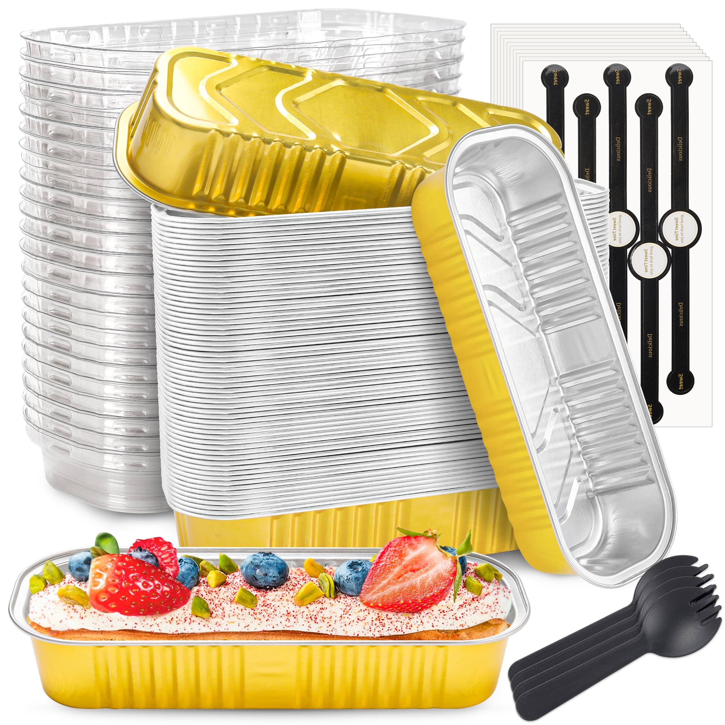 Mini Loaf Pans with Lids and Spoons Rectangular Aluminum Foil Baking Pans Mini Cheesecake Containers 6.8oz(60 Pack, Pink)