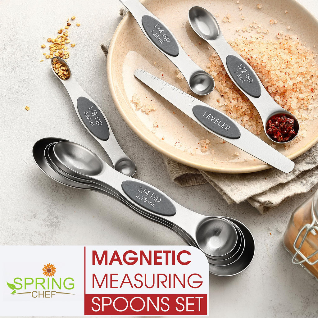 Spring Chef Stainless Steel Magnetic Measuring Spoons Set with Strong N45 Magnets, Heavy Duty Metal Kitchen Gadgets for Baking & Cooking, Fits in Most Kitchen Spice Jars, Set of 8 with Leveler, Black
