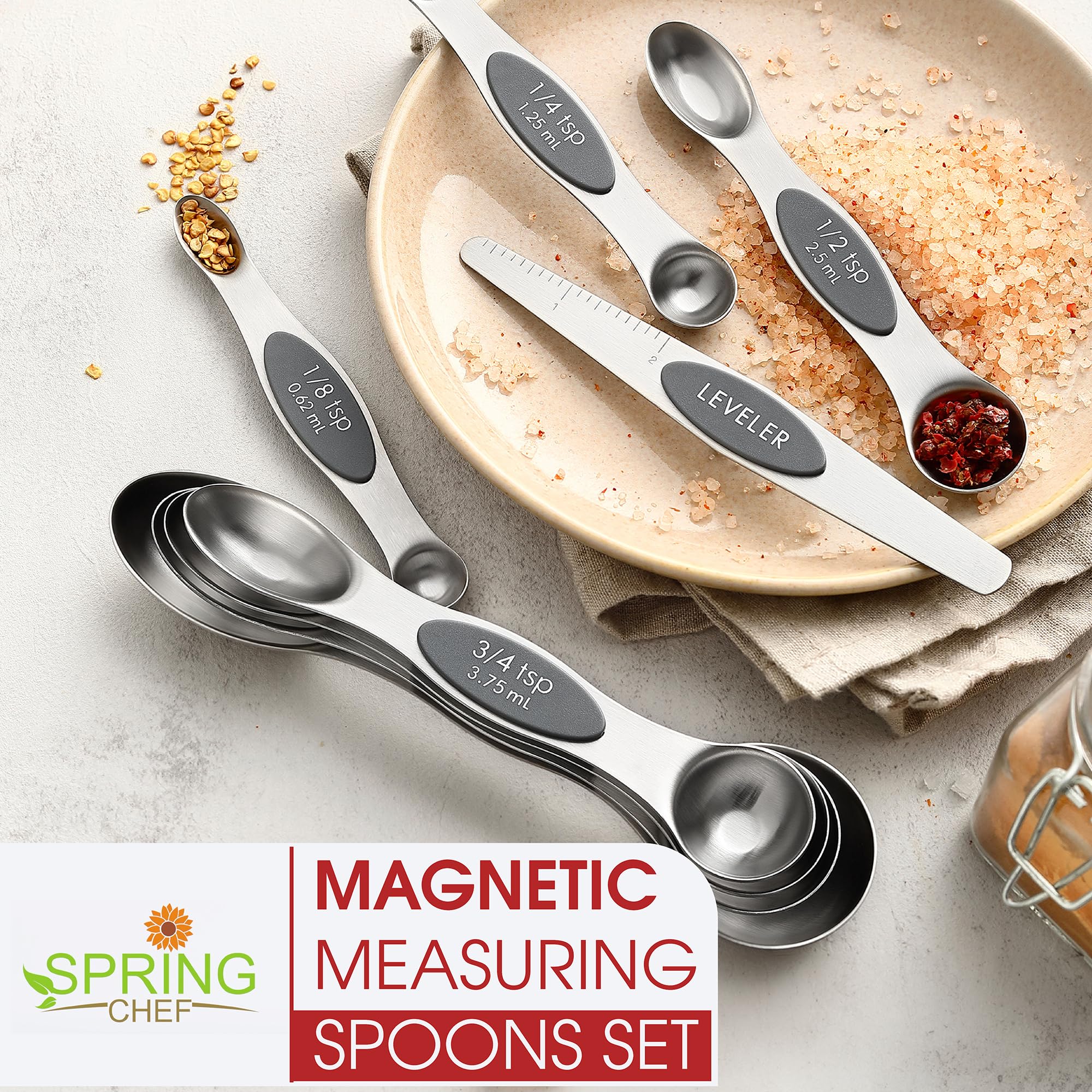 Spring Chef Stainless Steel Magnetic Measuring Spoons Set with Strong N45 Magnets, Heavy Duty Metal Kitchen Gadgets for Baking & Cooking, Fits in Most Kitchen Spice Jars, Set of 8 with Leveler, Black