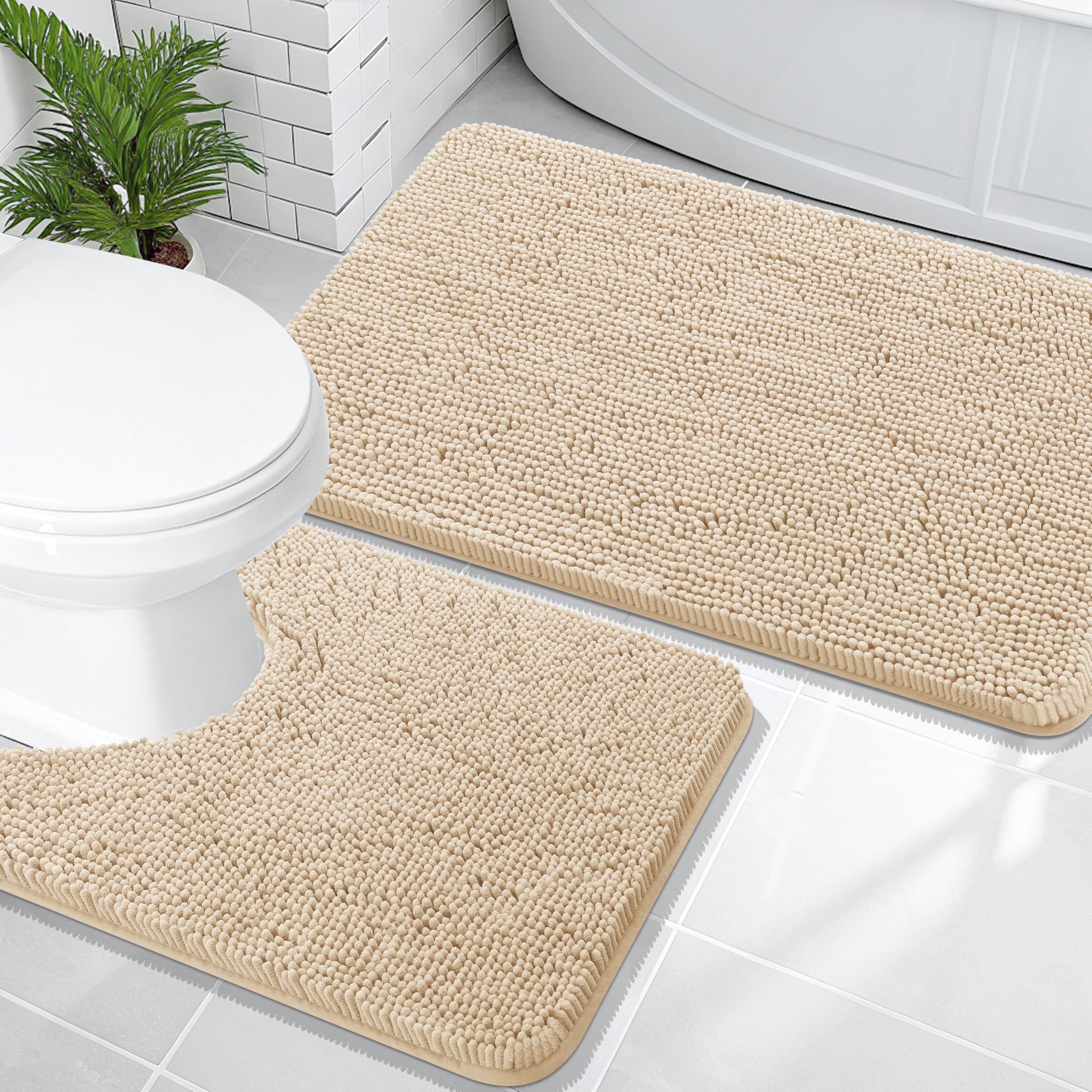 OLANLY Bathroom Rugs Sets 2 Piece, Soft Absorbent Chenille Bath Mats and U-Shaped Contour Toilet Mat Area Rug Set, Machine Washable Bath Carpet, Home Decor Accessories(30"x20"+24"x20", Grey)
