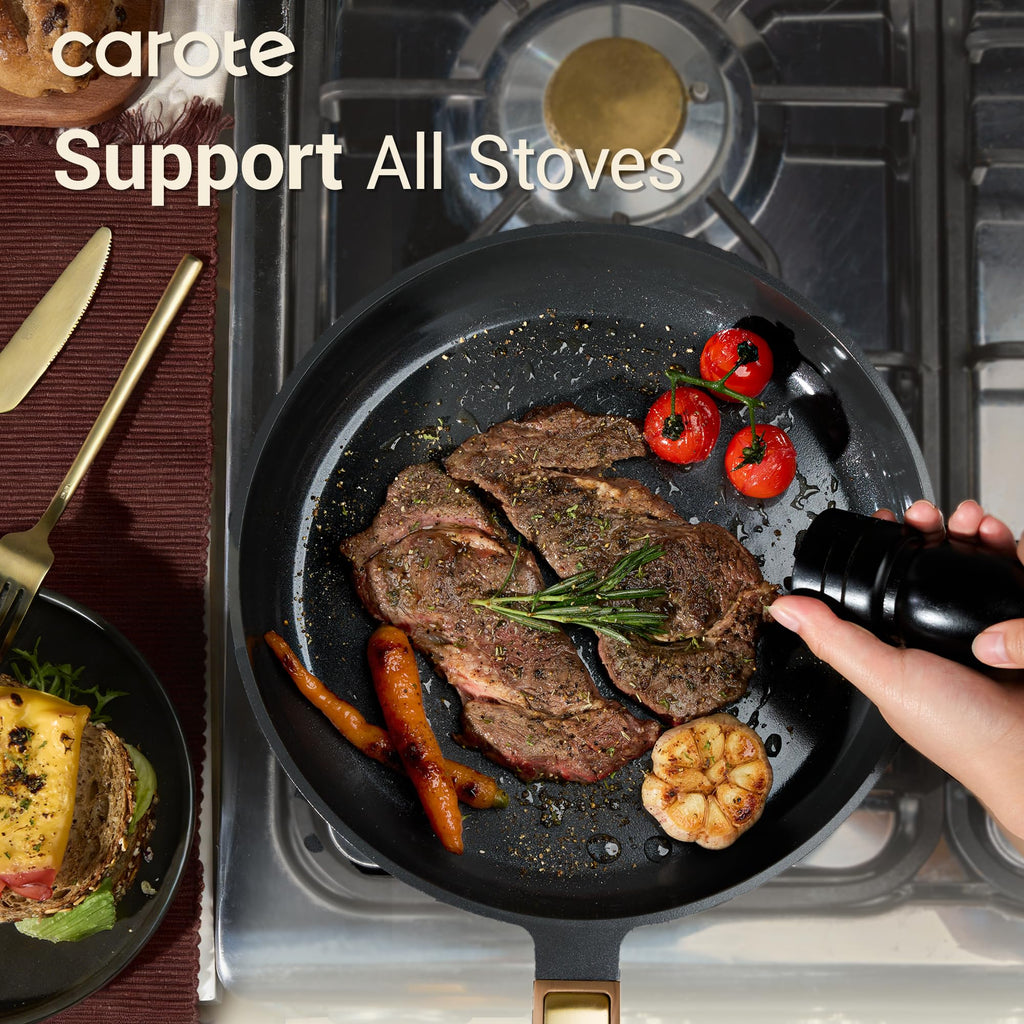 CAROTE Ceramic Cookware Set Nonstick, 14pcs Pots and Pans Set Nonstick, Non-Toxic & PFAS-Free, Dishwasher, RV/Camping Cookware Set, Cooking Pots with Lids, Charcoal Black
