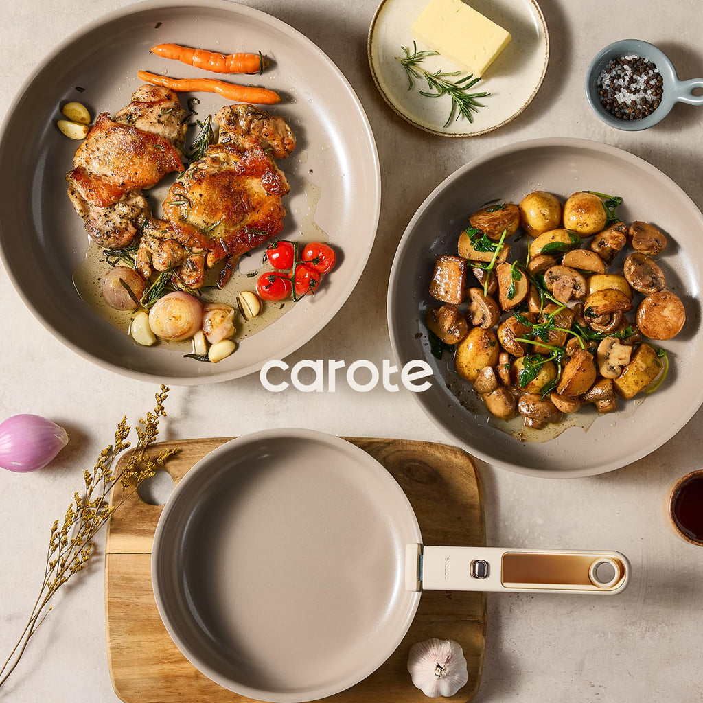 CAROTE 4pcs Ceramic Frying Pans Titanium Non Stick, 8"+10"+12” Frying Pan Egg Pan Omelet Pans with Detachable Handle, Nonstick Cookware, PFOA Free, Induction Compatible & Oven Safe, Dishwasher Safe