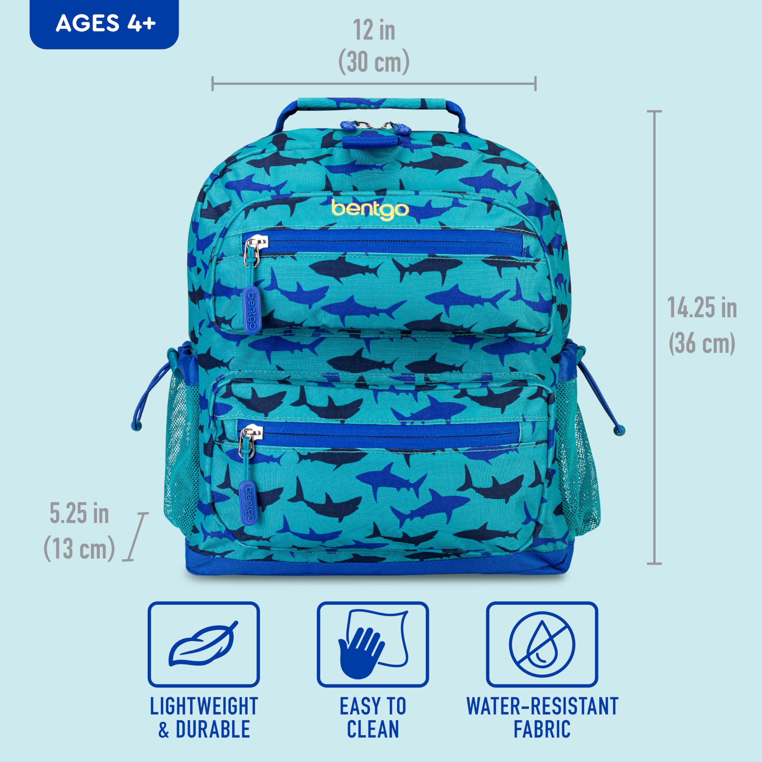 Bentgo Kids Backpack - Lightweight 14” Backpack in Fun Prints for School, Travel, & Daycare, Ideal for Ages 4+, Roomy Interior, Durable & Water-Resistant Fabric, & Loop for Lunch Bag (Trucks)