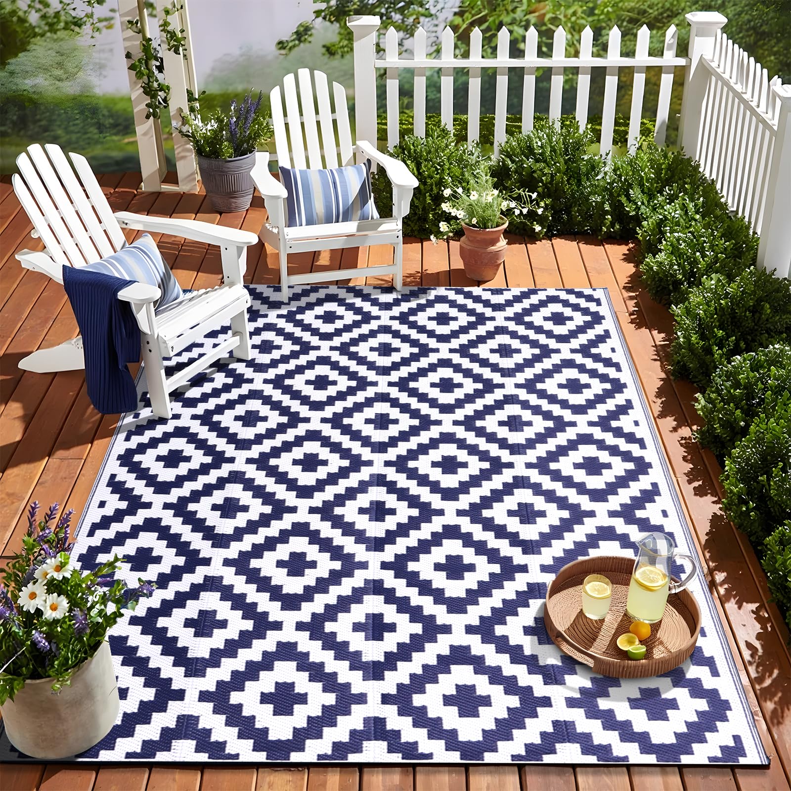 OLANLY Waterproof Outdoor Rug 5x8 ft, Outdoor Plastic Straw Rug for Camping, RV Mat Outside, Indoor Outdoor Carpet for Porch, Deck, Backyard, Balcony, Picnic, Black & White