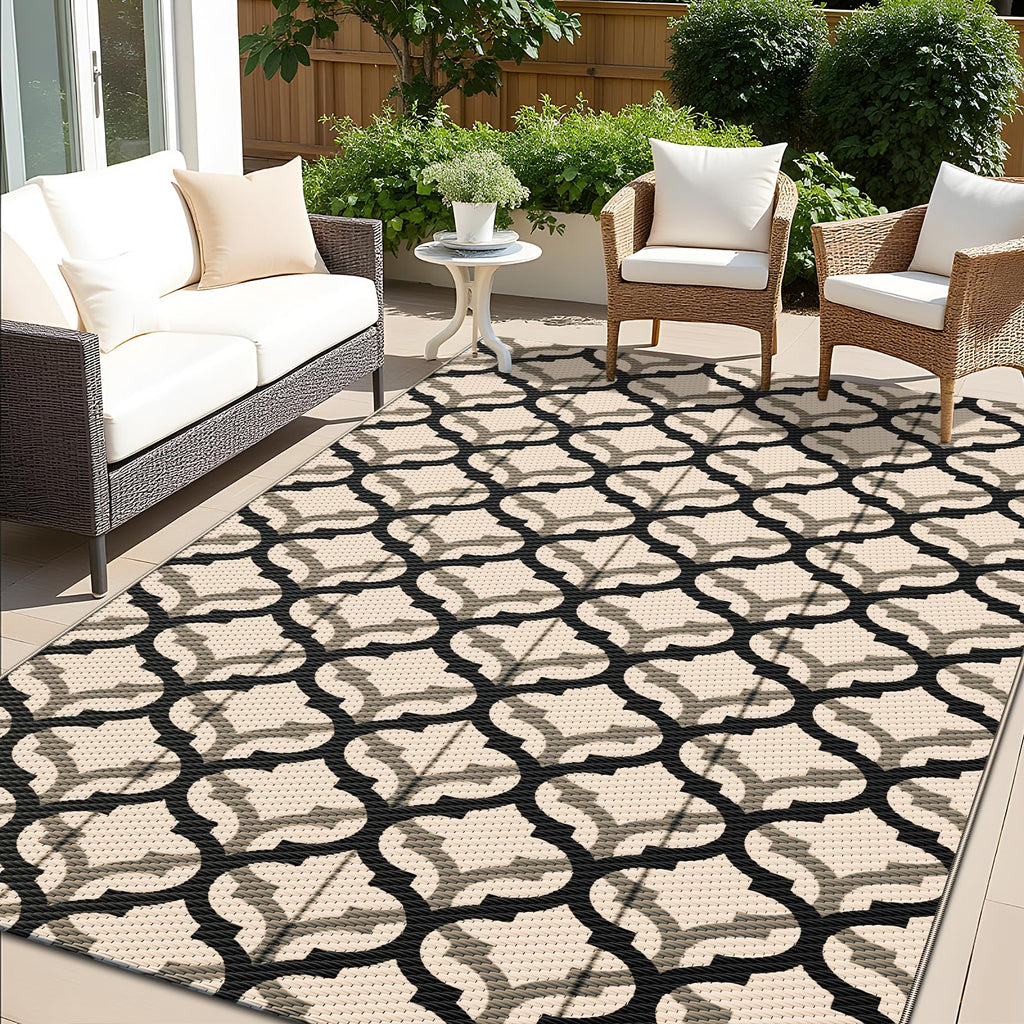 OLANLY Waterproof Outdoor Rug 5x8 ft, Outdoor Plastic Straw Rug for Camping, RV Mat Outside, Indoor Outdoor Carpet for Porch, Deck, Backyard, Balcony, Picnic, Black & White