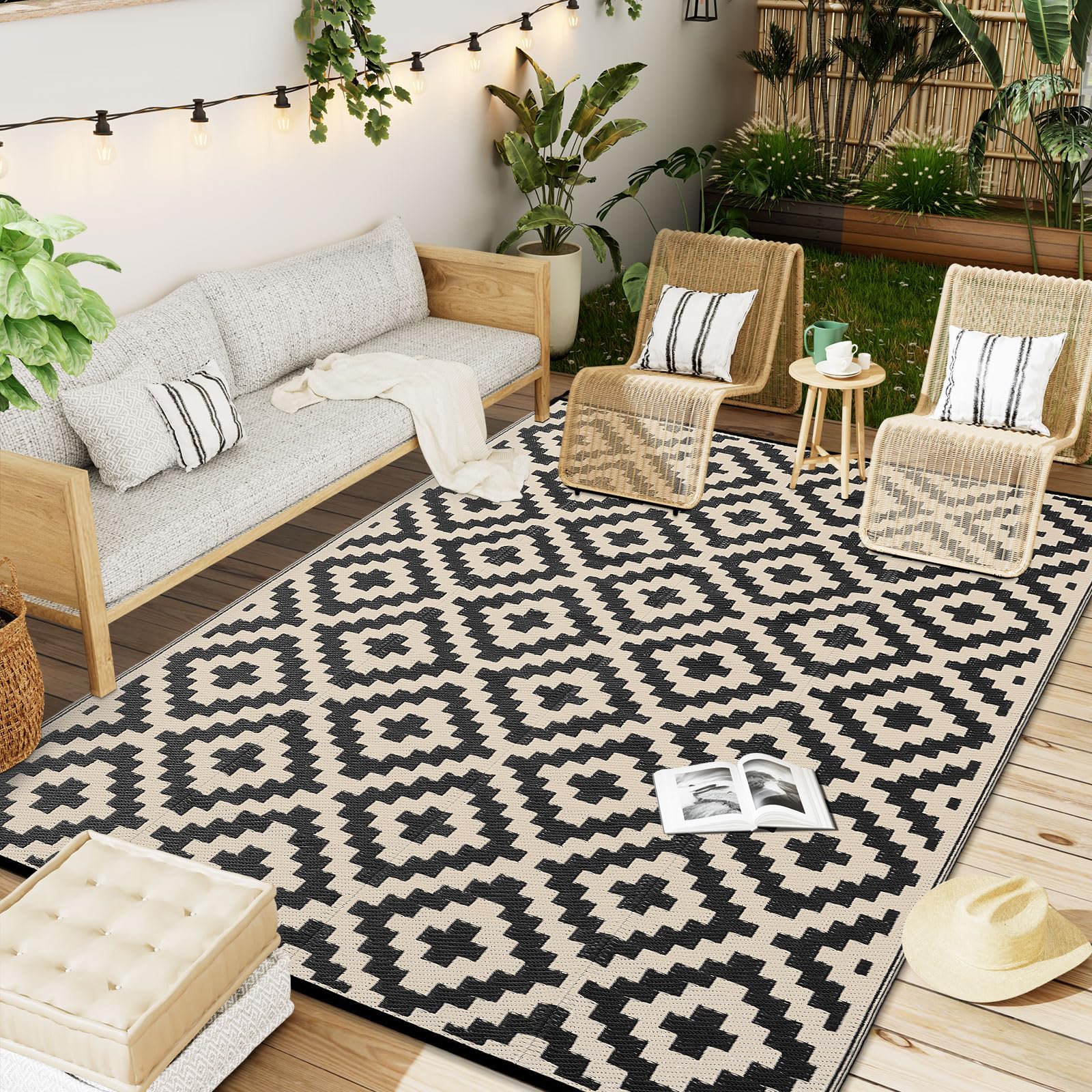 OLANLY Waterproof Outdoor Rug 5x8 ft, Outdoor Plastic Straw Rug for Camping, RV Mat Outside, Indoor Outdoor Carpet for Porch, Deck, Backyard, Balcony, Picnic, Black & White