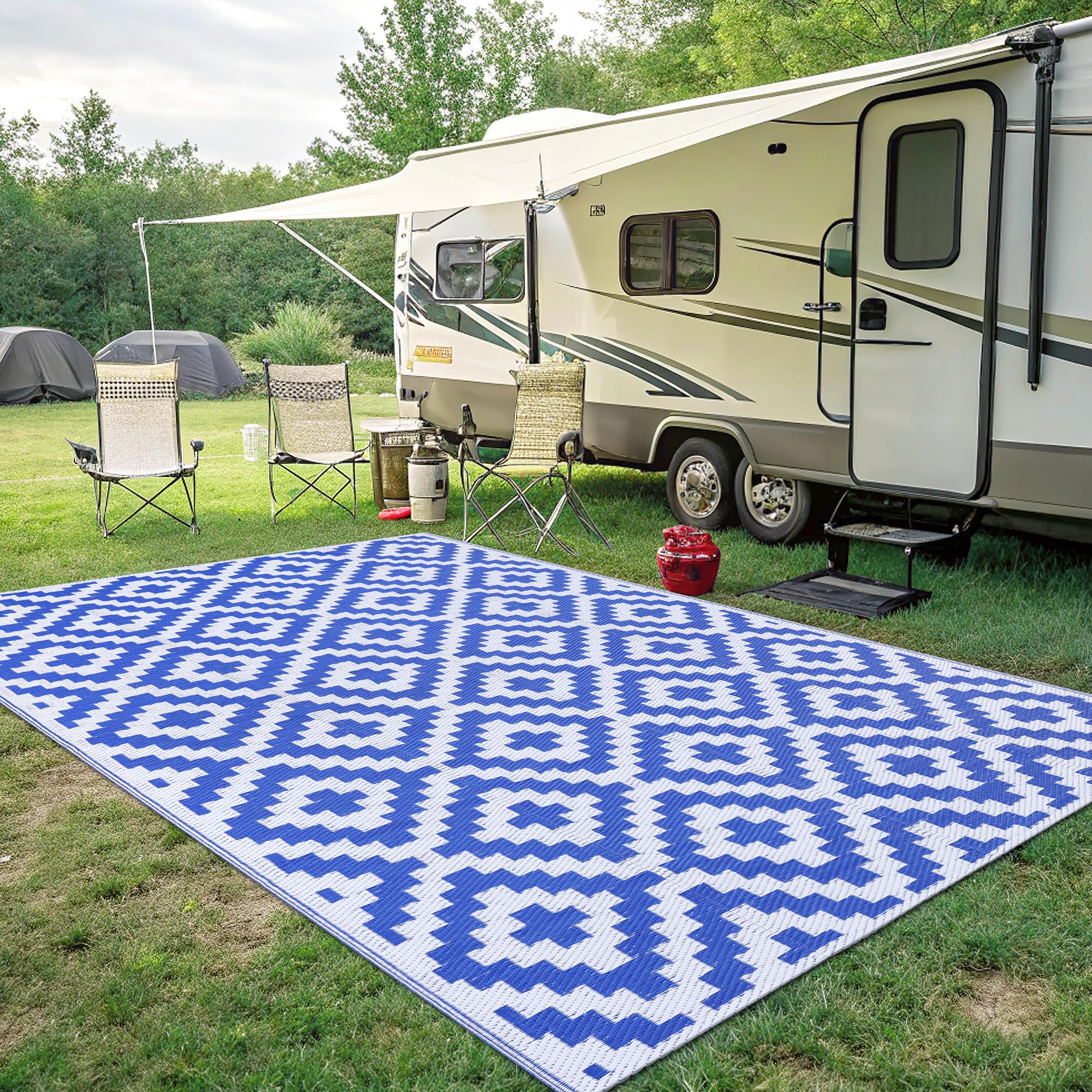 Smiry Waterproof Outdoor Rug 5x8 ft, Reversible Plastic Straw Patio Camping Rugs, Outdoor Indoor RV Mat Carpet for Patio, Outside Entry, Backyard, Deck, Bench, Picnic, Camper, Black & Beige