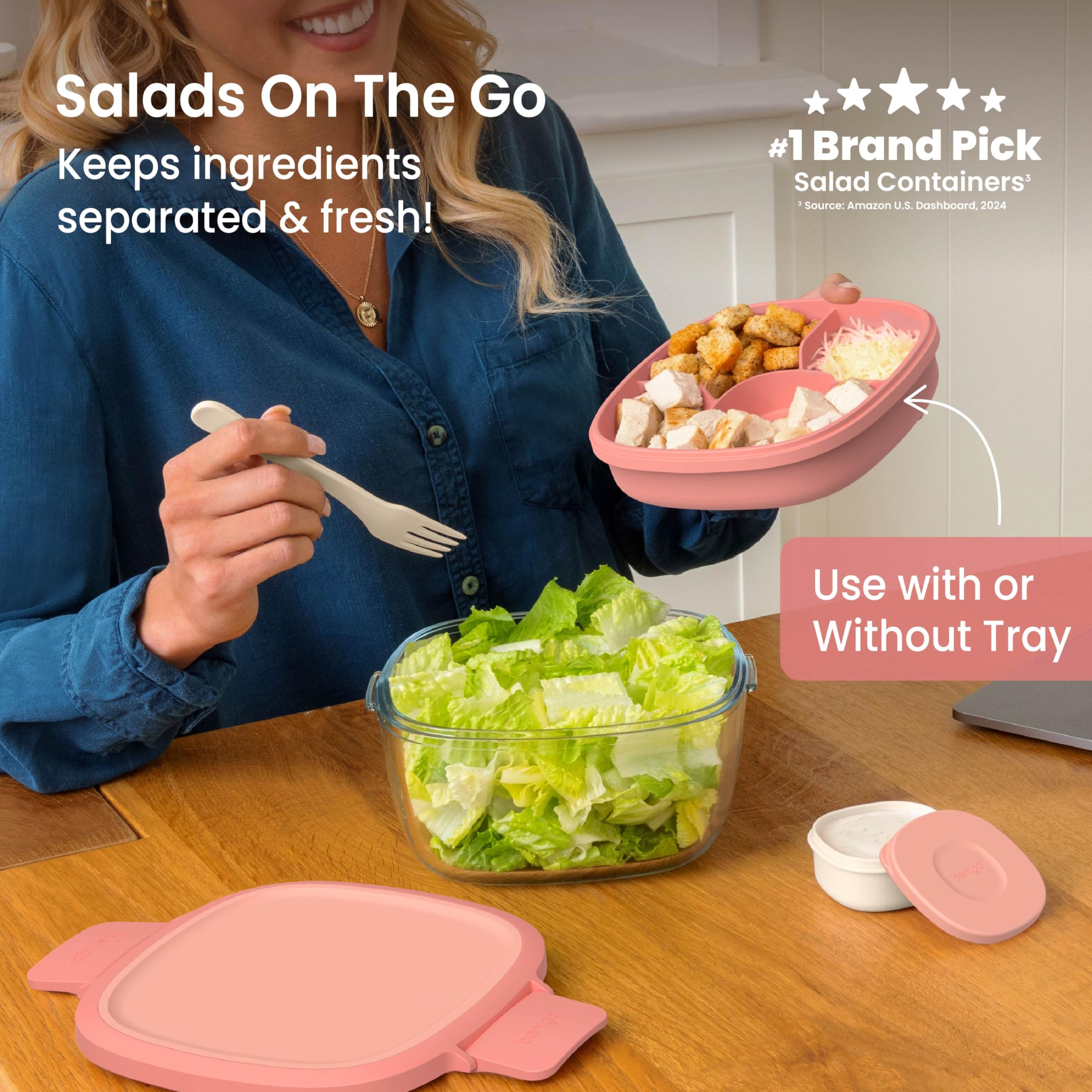 Bentgo Glass Salad Container - 7.6-Cup Salad Bowl with Airtight Lid, Leak-Proof Sauce Container, 4-Compartment Bento Tray & Reusable Fork - BPA-Free for Meal Prep, Office & More (Lavender)