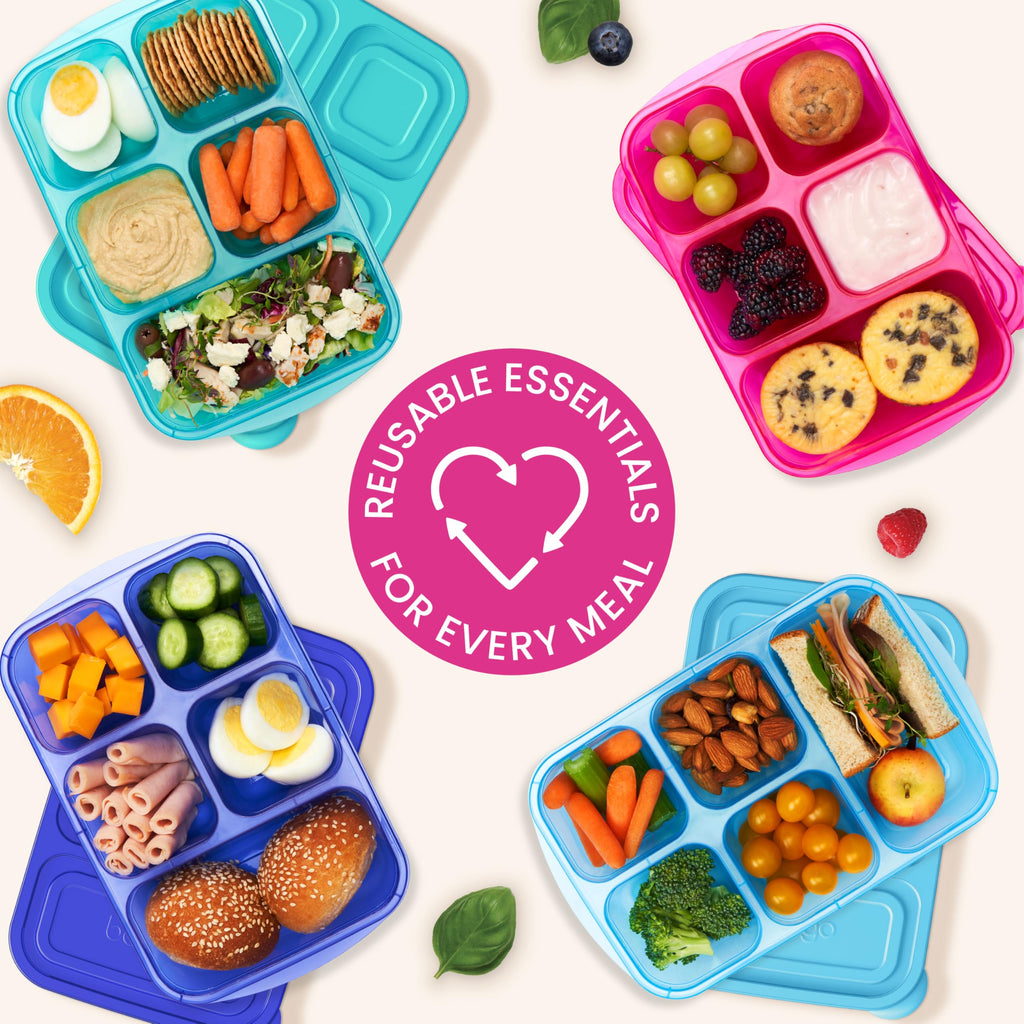Bentgo Easyboxes - Reusable 5-Compartment Food Containers, Stackable 8-Piece Set, 4 Trays & 4 Lids, BPA-Free Food Storage for Meal Prep, School, & Work; Lunch Boxes w/Patented Design (Jewel Brights)