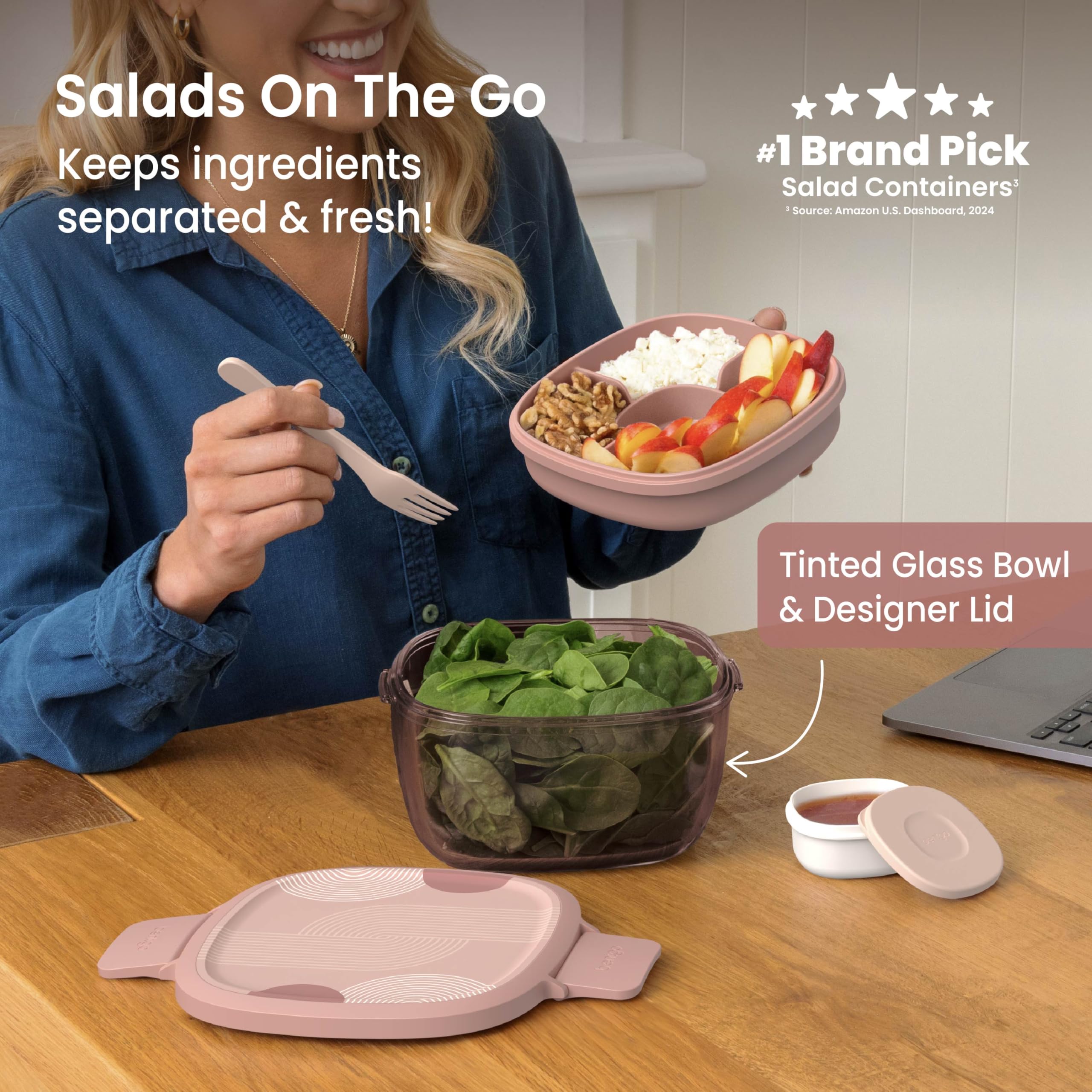 Bentgo Glass Salad Container - 7.6-Cup Salad Bowl with Airtight Lid, Leak-Proof Sauce Container, 4-Compartment Bento Tray & Reusable Fork - BPA-Free for Meal Prep, Office & More (Lavender)