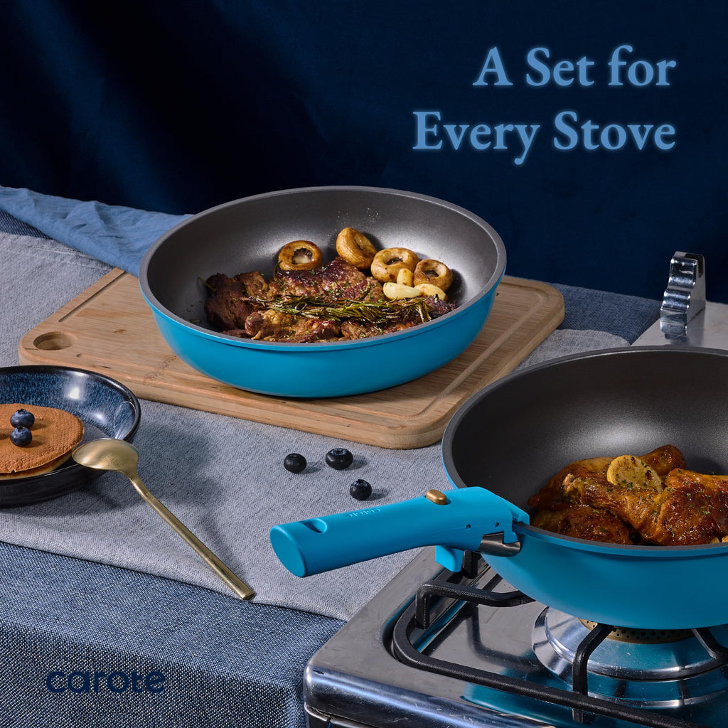 CAROTE 21pcs Pots and Pans Set, Nonstick Cookware Set Detachable Handle, Induction Kitchen Cookware Sets Non Stick with Removable Handle, RV Cookware Set, Gold and Purple
