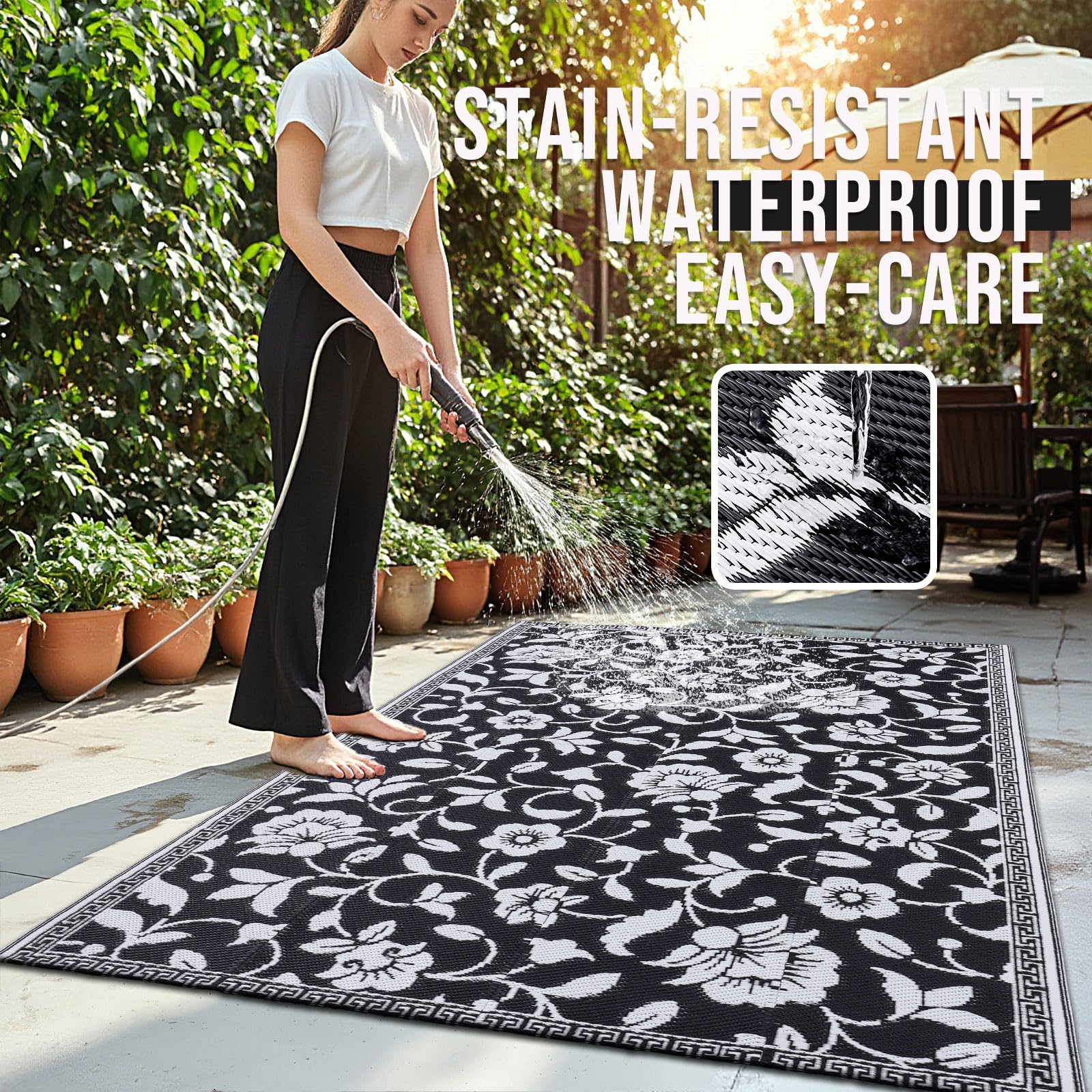OLANLY Waterproof Outdoor Rug 5x8 ft, Outdoor Plastic Straw Rug with Flower Pattern, Reversible RV Mat for Patio, Camping, Balcony, Deck, Backyard, Navy & White