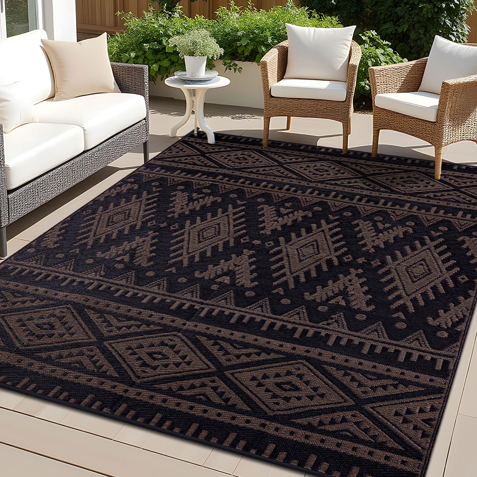 OLANLY Outdoor Rug Waterproof 5x8 ft, Reversible Outdoor Plastic Straw Rug, Boho Patio Rug, Indoor Outdoor Carpet, RV Mat Outside for Patio, Camp, Picnic, Balcony, Deck, Backyard, Black & White