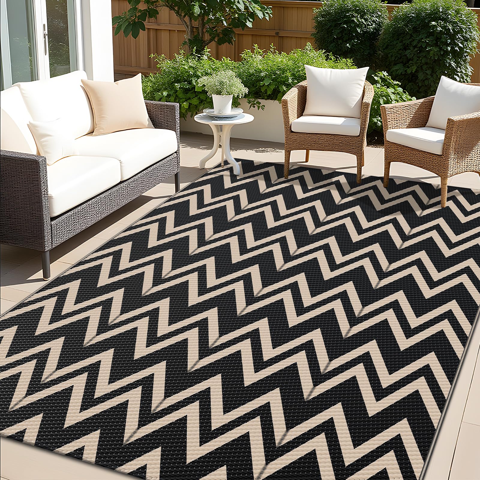 OLANLY Waterproof Outdoor Rug 5x8 ft, Outdoor Plastic Straw Rug for Camping, RV Mat Outside, Indoor Outdoor Carpet for Porch, Deck, Backyard, Balcony, Picnic, Black & White