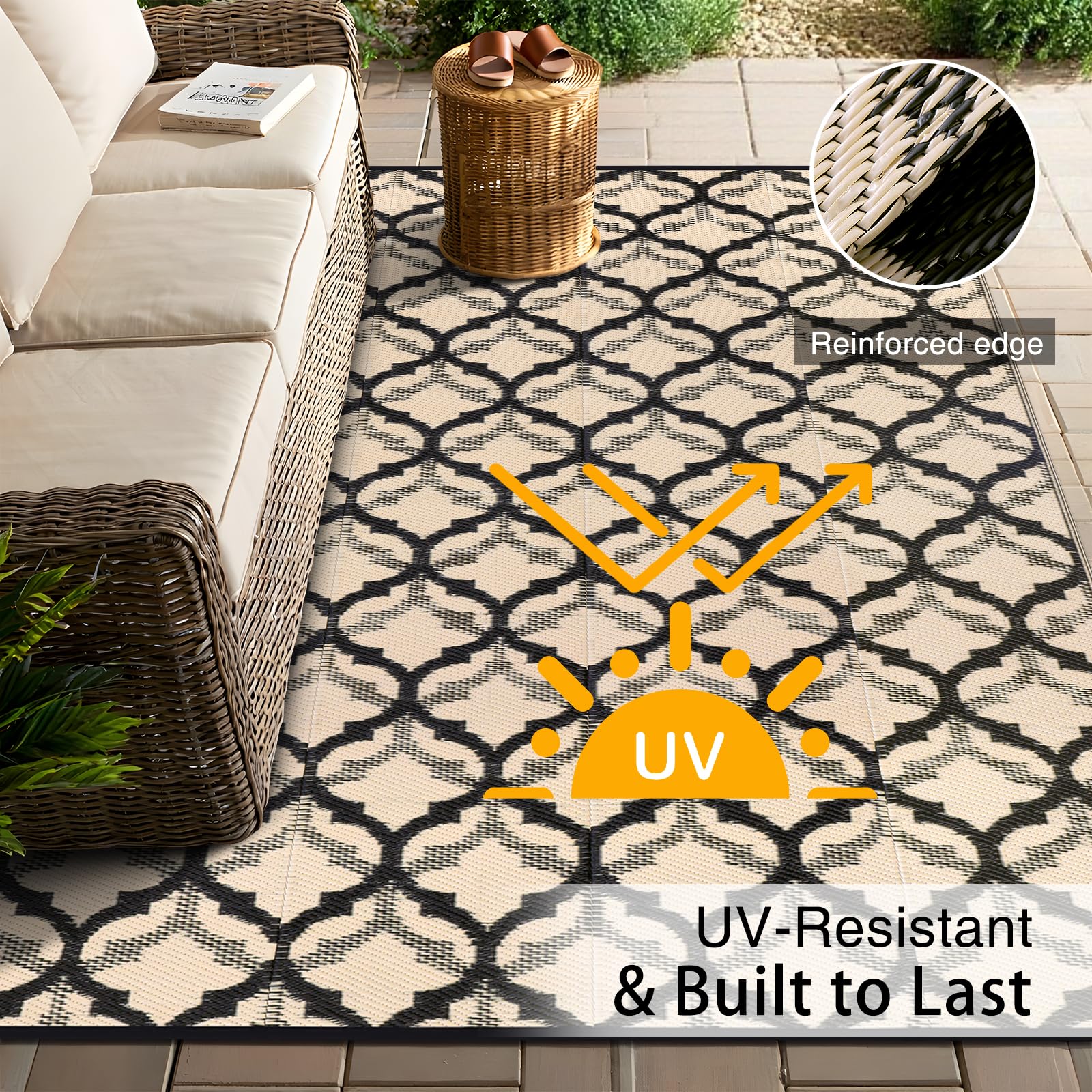 OLANLY Waterproof Outdoor Rug 5x8 ft, Outdoor Plastic Straw Rug for Camping, RV Mat Outside, Indoor Outdoor Carpet for Porch, Deck, Backyard, Balcony, Picnic, Black & White