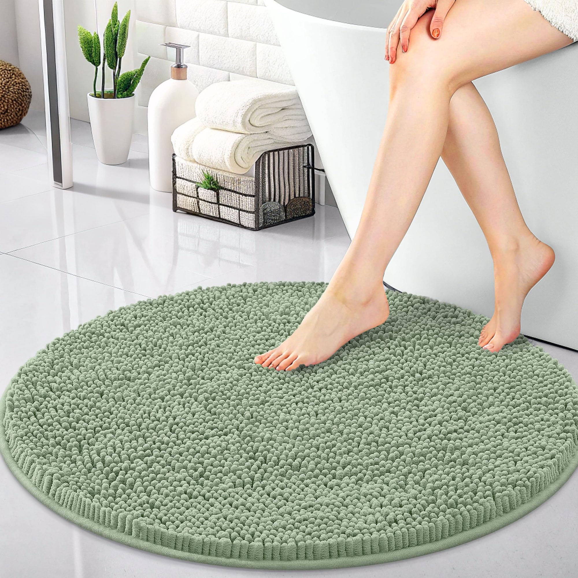 OLANLY 30-inch Round Bathroom Rugs, Extra Soft and Absorbent Chenille Bath Rugs, Quick Dry Machine Washable Bath Mats for Bathroom Floor, Tub and Shower, Home Decor Accessories, Grey