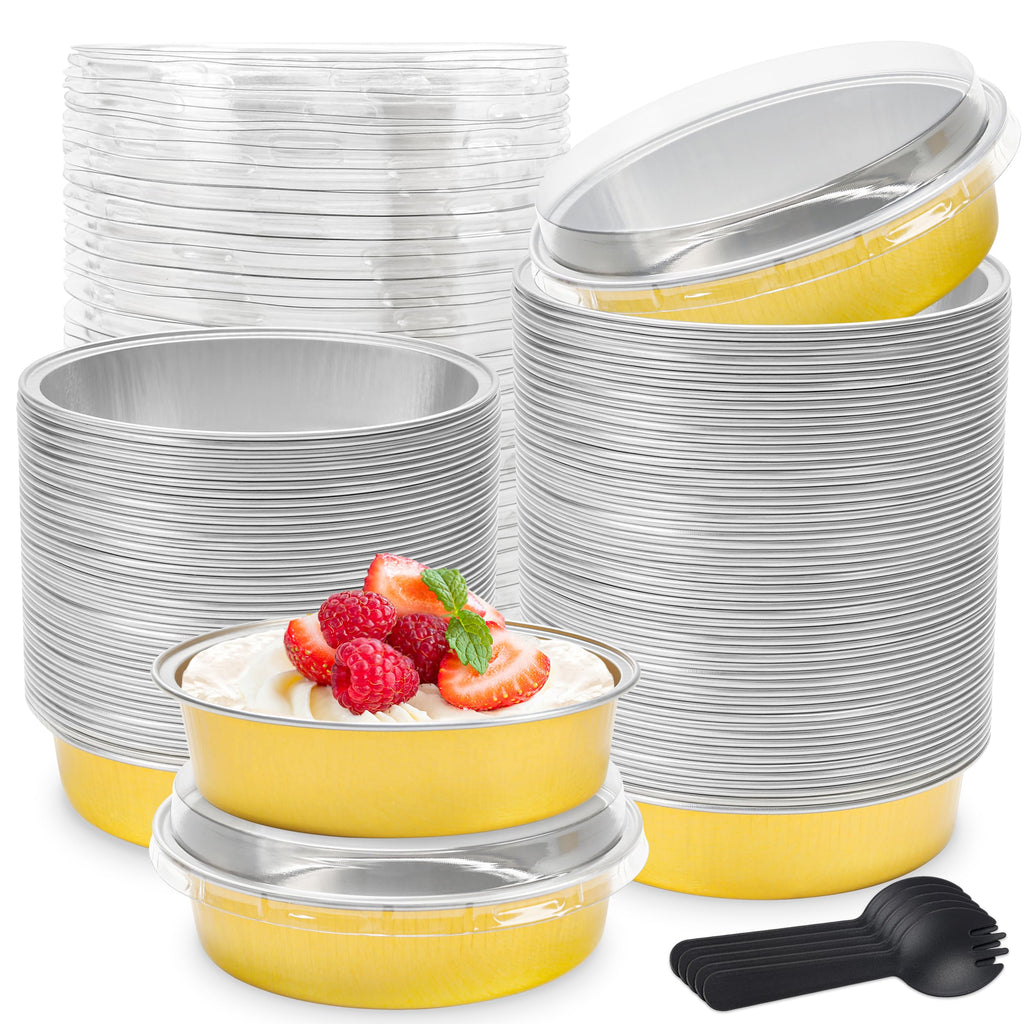 8 OZ Mini Cake Pans Disposable Ramekins with Lids Round Aluminum Mini Foil Cake Tins Baking Pans for Party Wedding Pudding (Black Gold, 25 Pack)