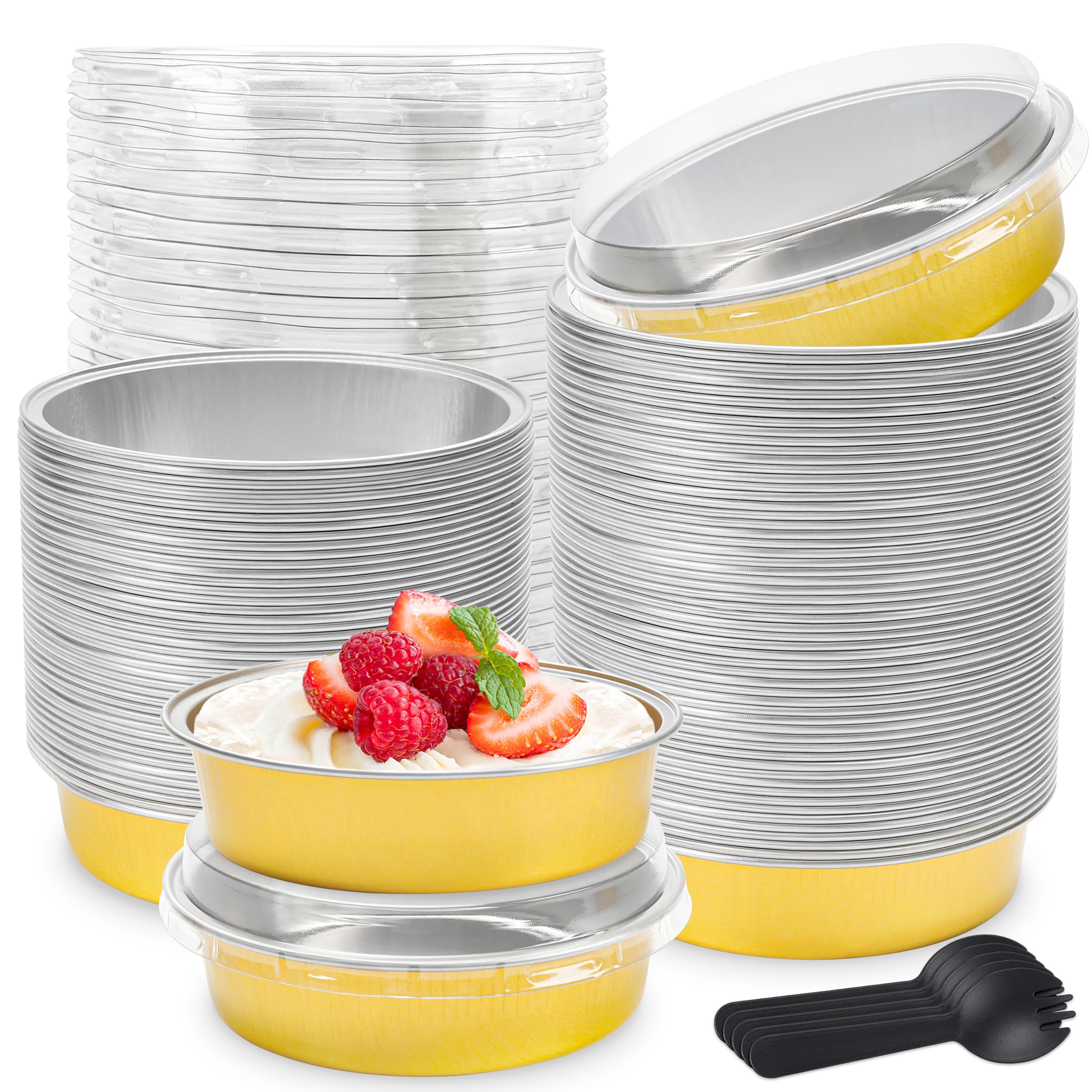 8 OZ Mini Cake Pans Disposable Ramekins with Lids Round Aluminum Mini Foil Cake Tins Baking Pans for Party Wedding Pudding (Black Gold, 25 Pack)