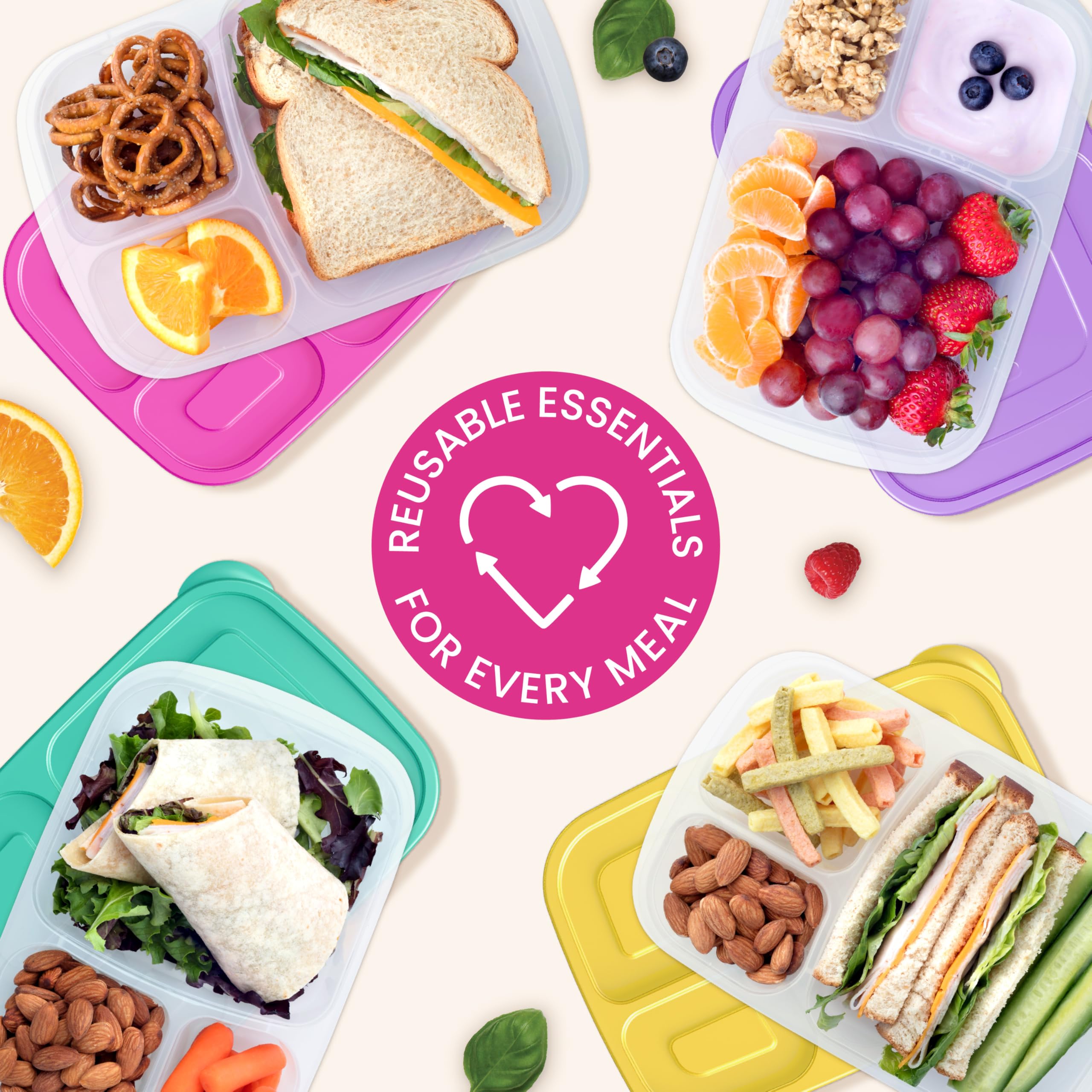 Bentgo Easyboxes - Original Stackable Lunch Boxes - Reusable 3-Compartment Food Containers for Kids and Adults - Bento Lunch Box for Meal Prep, School, & Work - BPA Free, Set of 4 (Classic)