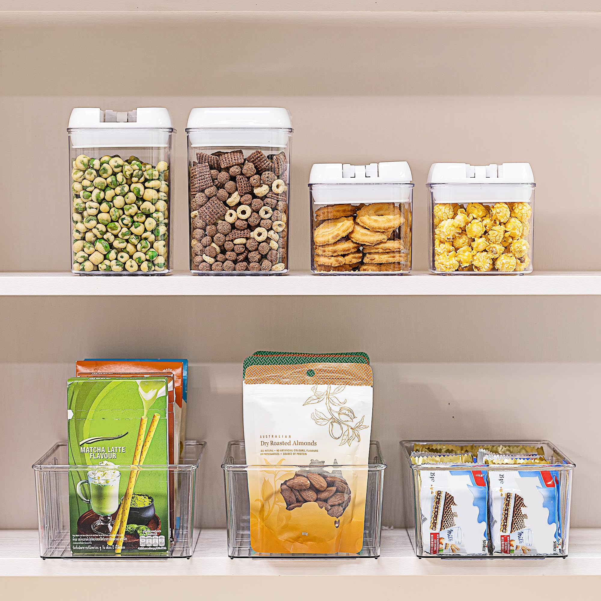 Vtopmart 8 Pack Food Storage Organizer Bins, Clear Plastic Bins for Pantry, Kitchen, Fridge, Cabinet Organization and Storage, 4 Compartment Holder for Packets, Snacks, Pouches, Spice Packets