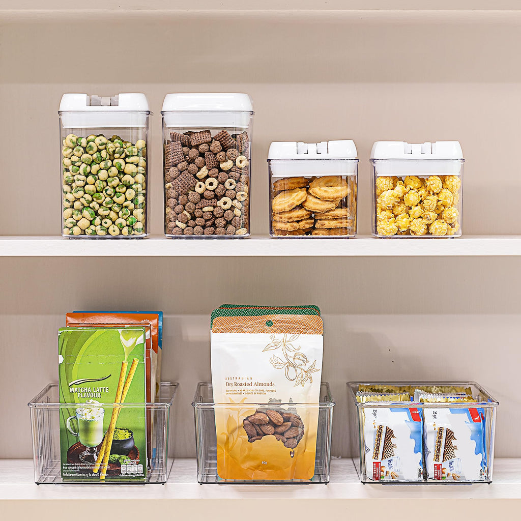 Vtopmart 8 Pack Food Storage Organizer Bins, Clear Plastic Bins for Pantry, Kitchen, Fridge, Cabinet Organization and Storage, 4 Compartment Holder for Packets, Snacks, Pouches, Spice Packets