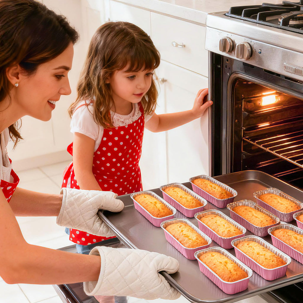 Mini Loaf Pans with Lids and Spoons Rectangular Aluminum Foil Baking Pans Mini Cheesecake Containers 6.8oz(60 Pack, Pink)