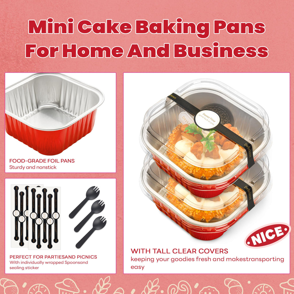 50 Pcs Mini Cake Pans with Lids and Spoons Aluminum Foil Mini Square Baking Cups with Lids Disposable Ramekins Cake Pans Dessert Cups for Wedding Birthday Party(Pink,5oz)