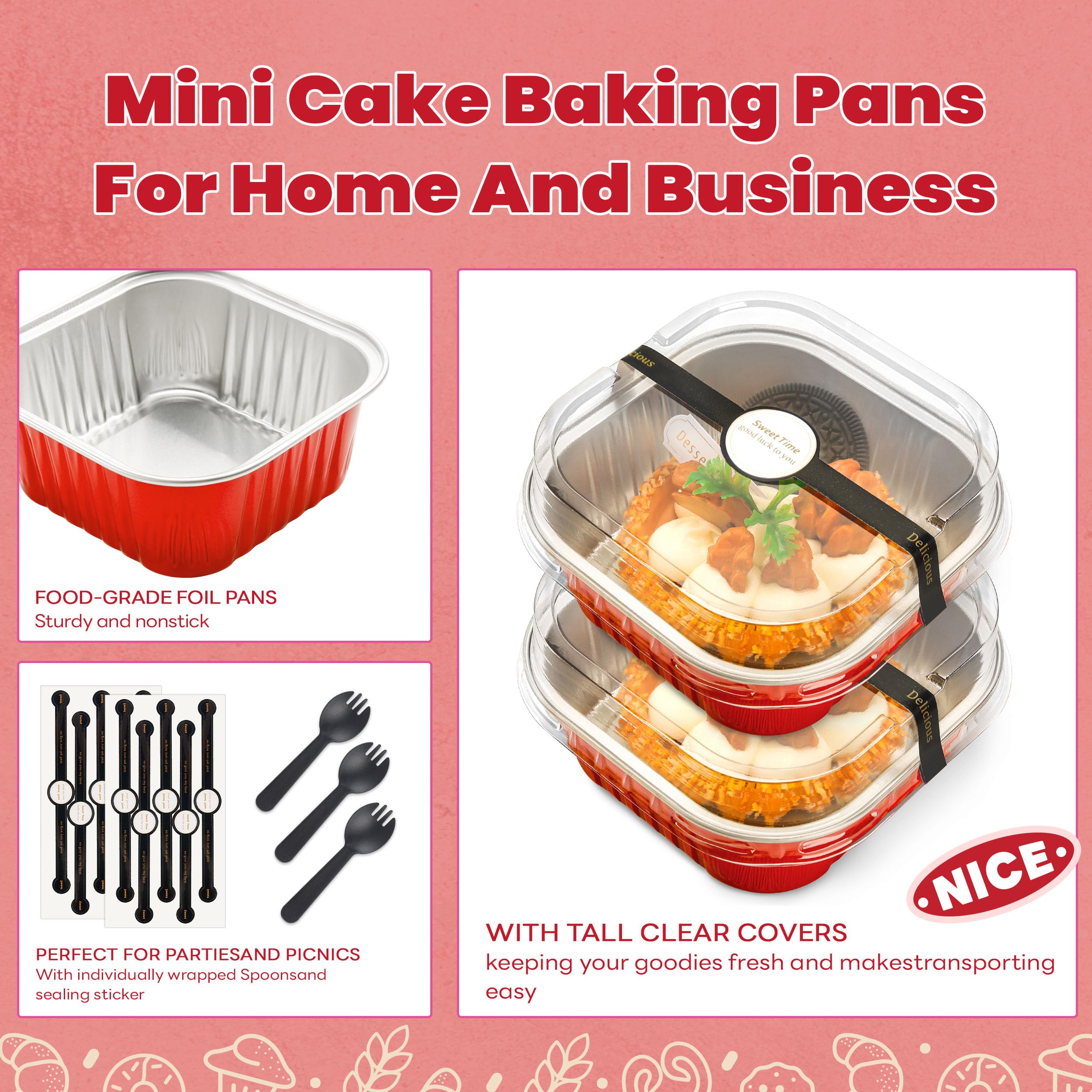 50 Pcs Mini Cake Pans with Lids and Spoons Aluminum Foil Mini Square Baking Cups with Lids Disposable Ramekins Cake Pans Dessert Cups for Wedding Birthday Party(Pink,5oz)