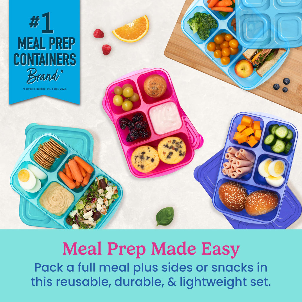 Bentgo Easyboxes - Reusable 5-Compartment Food Containers, Stackable 8-Piece Set, 4 Trays & 4 Lids, BPA-Free Food Storage for Meal Prep, School, & Work; Lunch Boxes w/Patented Design (Jewel Brights)