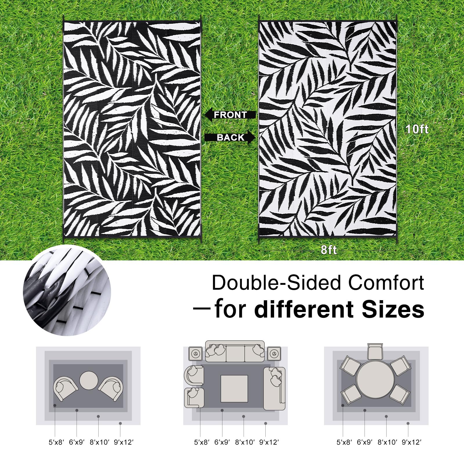 OLANLY Waterproof Outdoor Rug 5x8 ft, Reversible Outdoor Plastic Straw Rug with Leaf Pattern, RV Mat, Indoor Outdoor Carpet for Patio, Camping, Balcony, Deck, Backyard, Grey & White