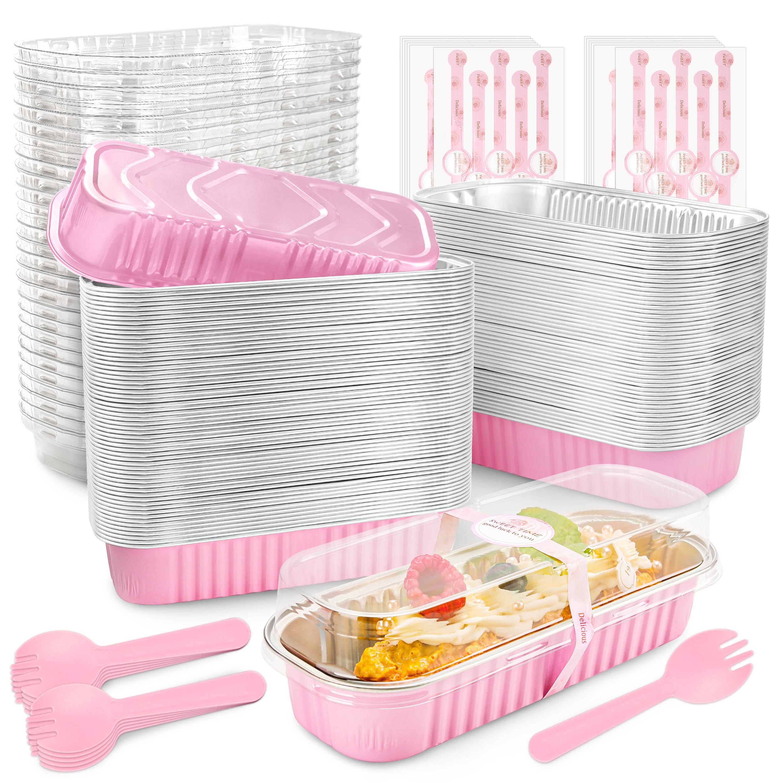 Mini Loaf Pans with Lids and Spoons Rectangular Aluminum Foil Baking Pans Mini Cheesecake Containers 6.8oz(60 Pack, Pink)