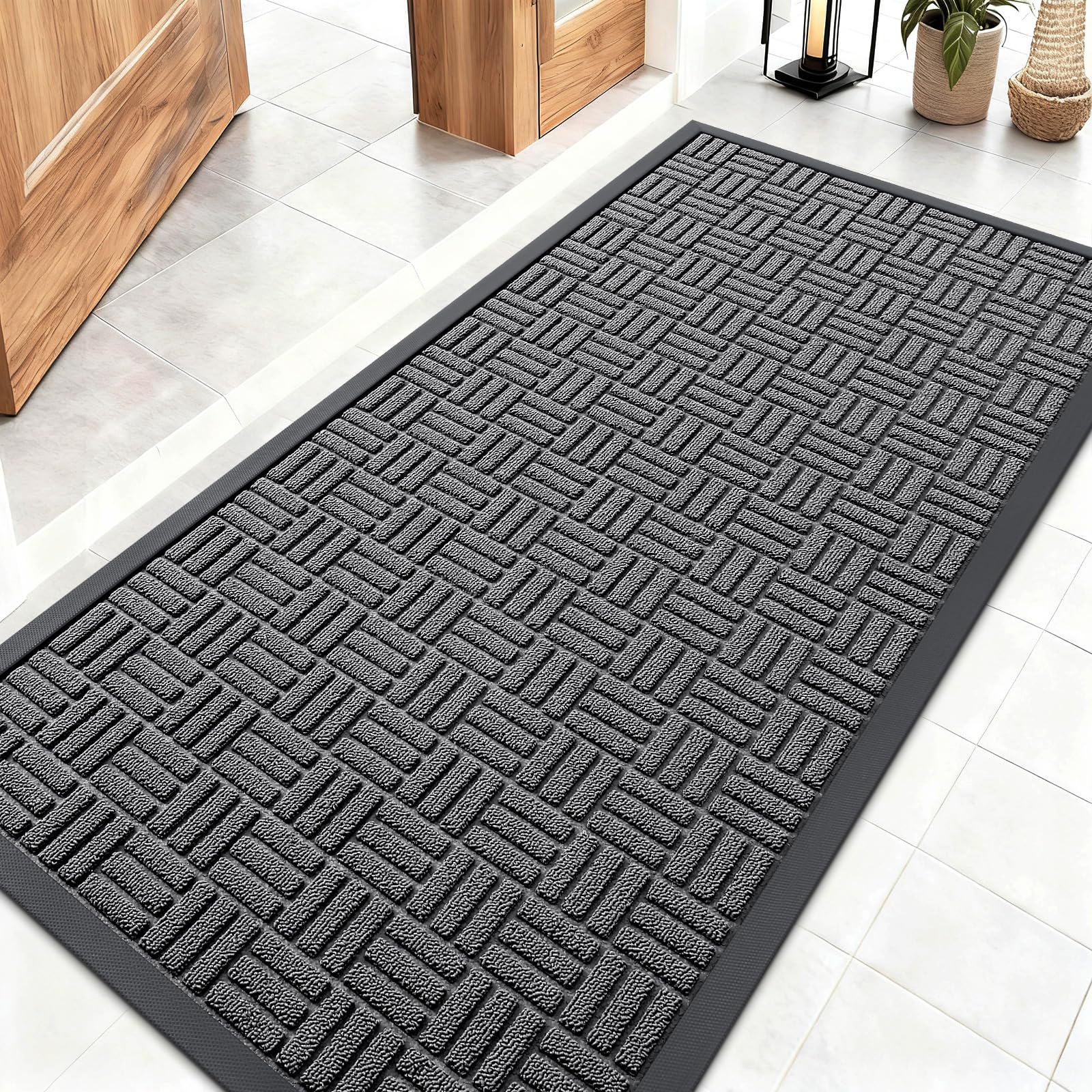OLANLY Front Door Mat Outside Entrance 29.5x17, Absorbent, Heavy Duty Sturdy Natural Rubber Doormat Indoor Outdoor, Stain and Fade Resistant, Non-Slip Backing Low Profile Floor Mat for Entryway, Grey