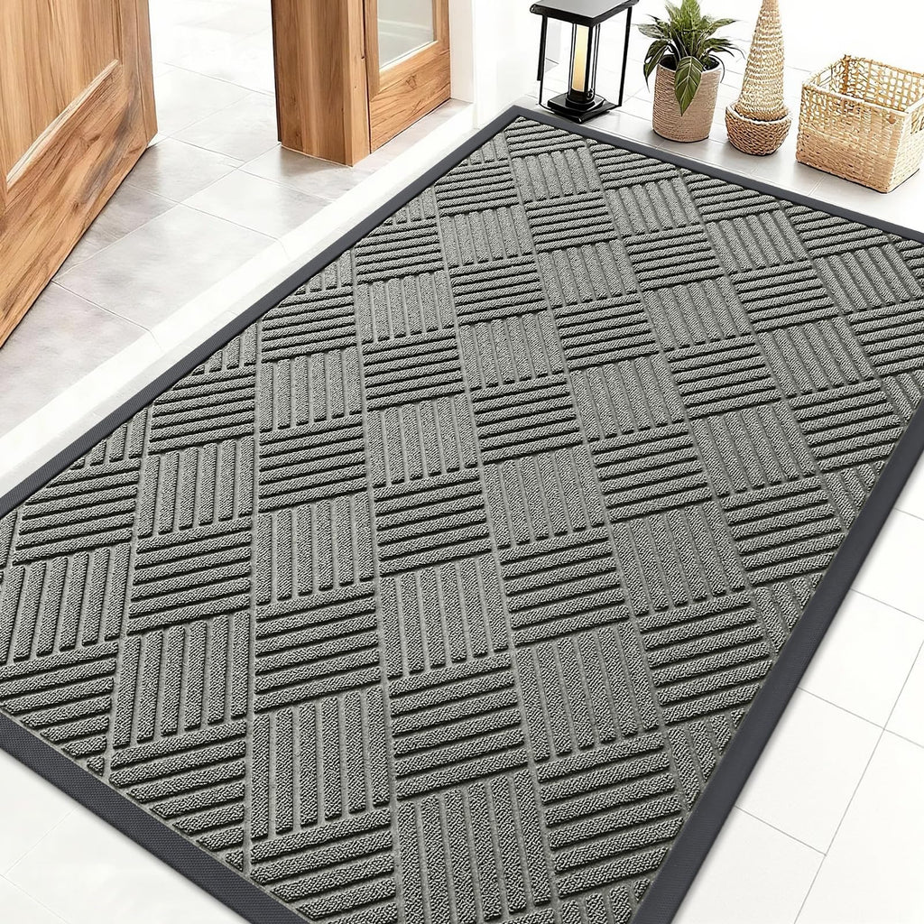 OLANLY Front Door Mat Outside Entrance 29.5x17, Absorbent, Heavy Duty Sturdy Natural Rubber Doormat Indoor Outdoor, Stain and Fade Resistant, Non-Slip Low Profile Floor Mat for Entryway, Grey Diamond
