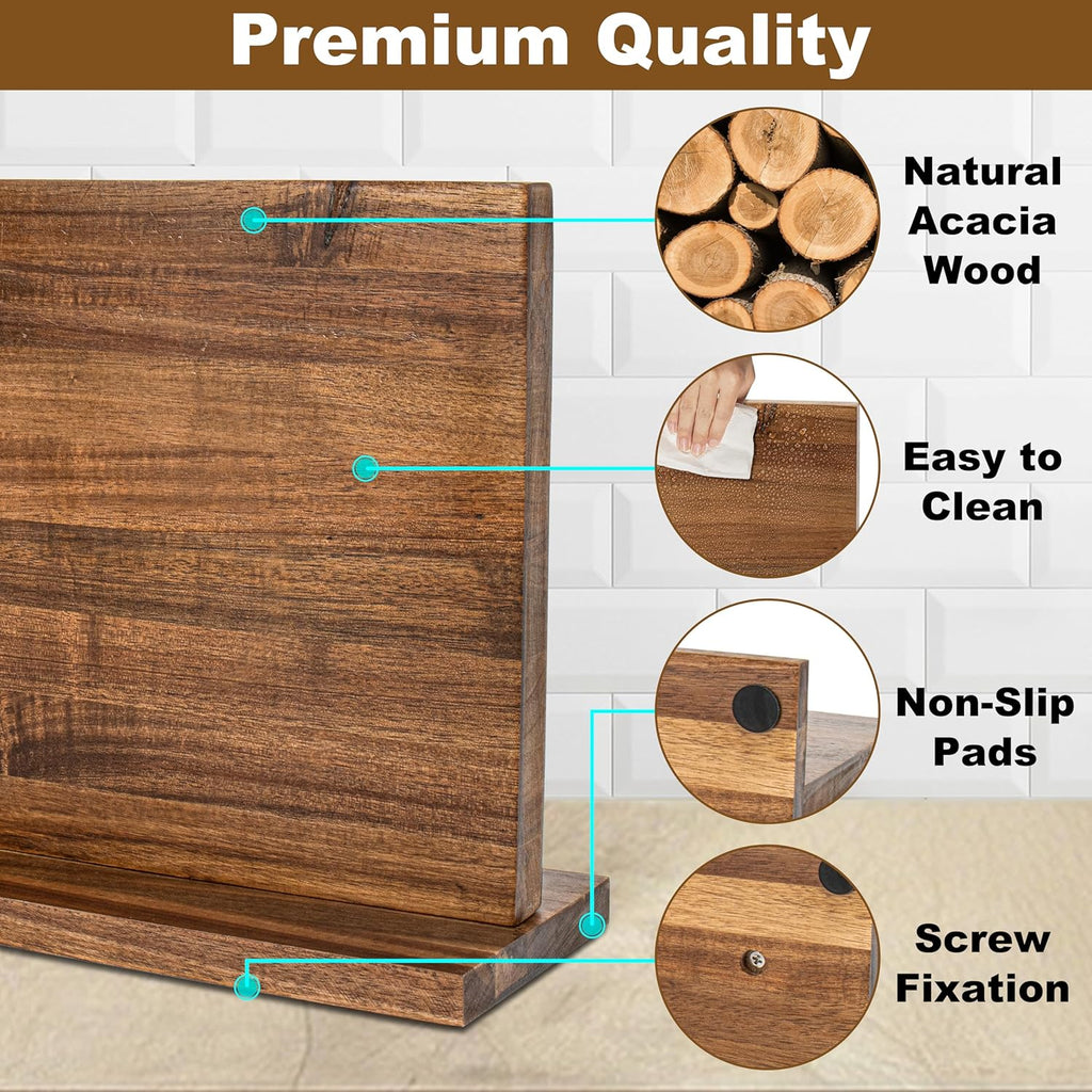 Magnetic Knife Holder,Double Sided Magnetic Knife Block for Kitchen Counter,Acacia Wood Strong Magnet Knife strip