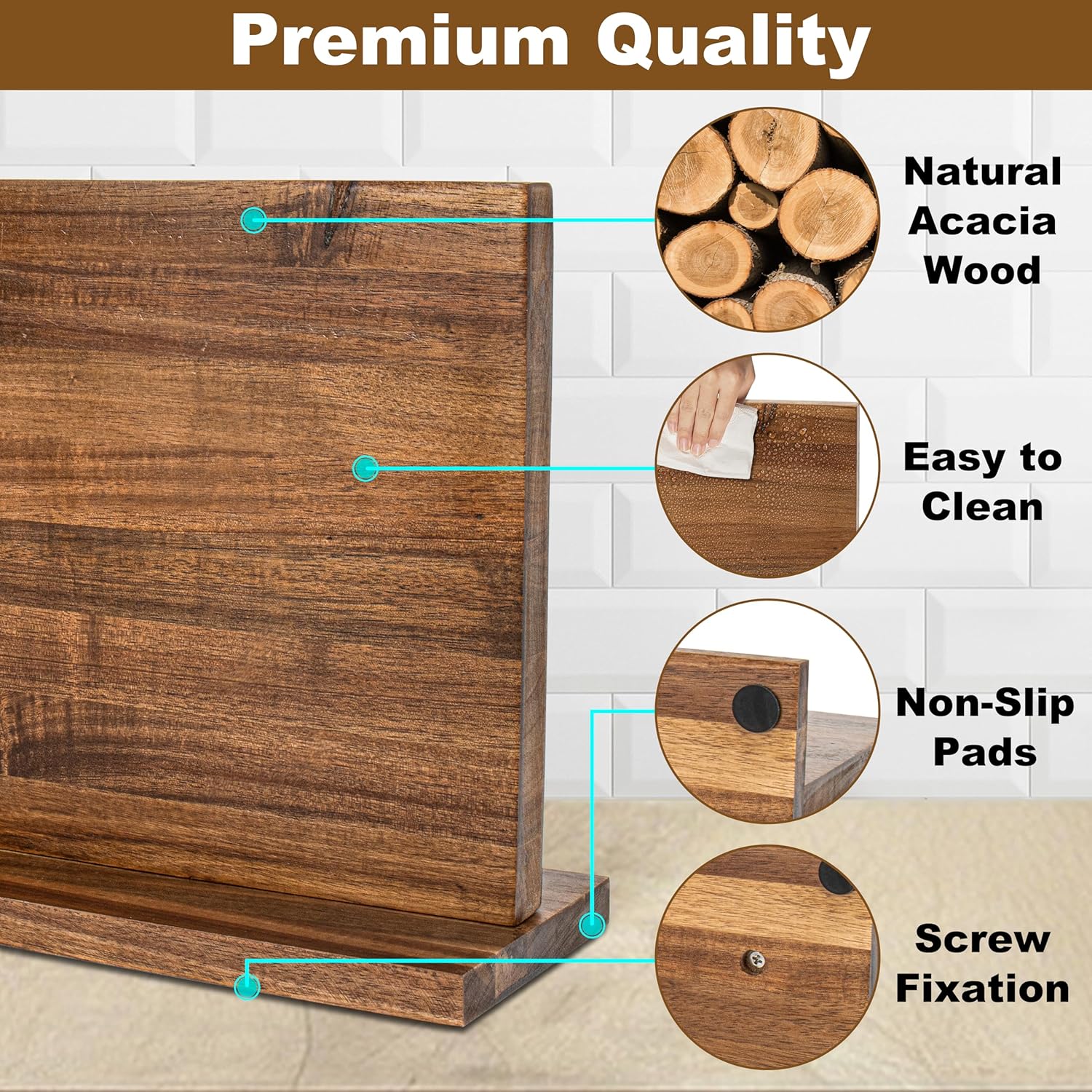 Magnetic Knife Holder,Double Sided Magnetic Knife Block for Kitchen Counter,Acacia Wood Strong Magnet Knife strip