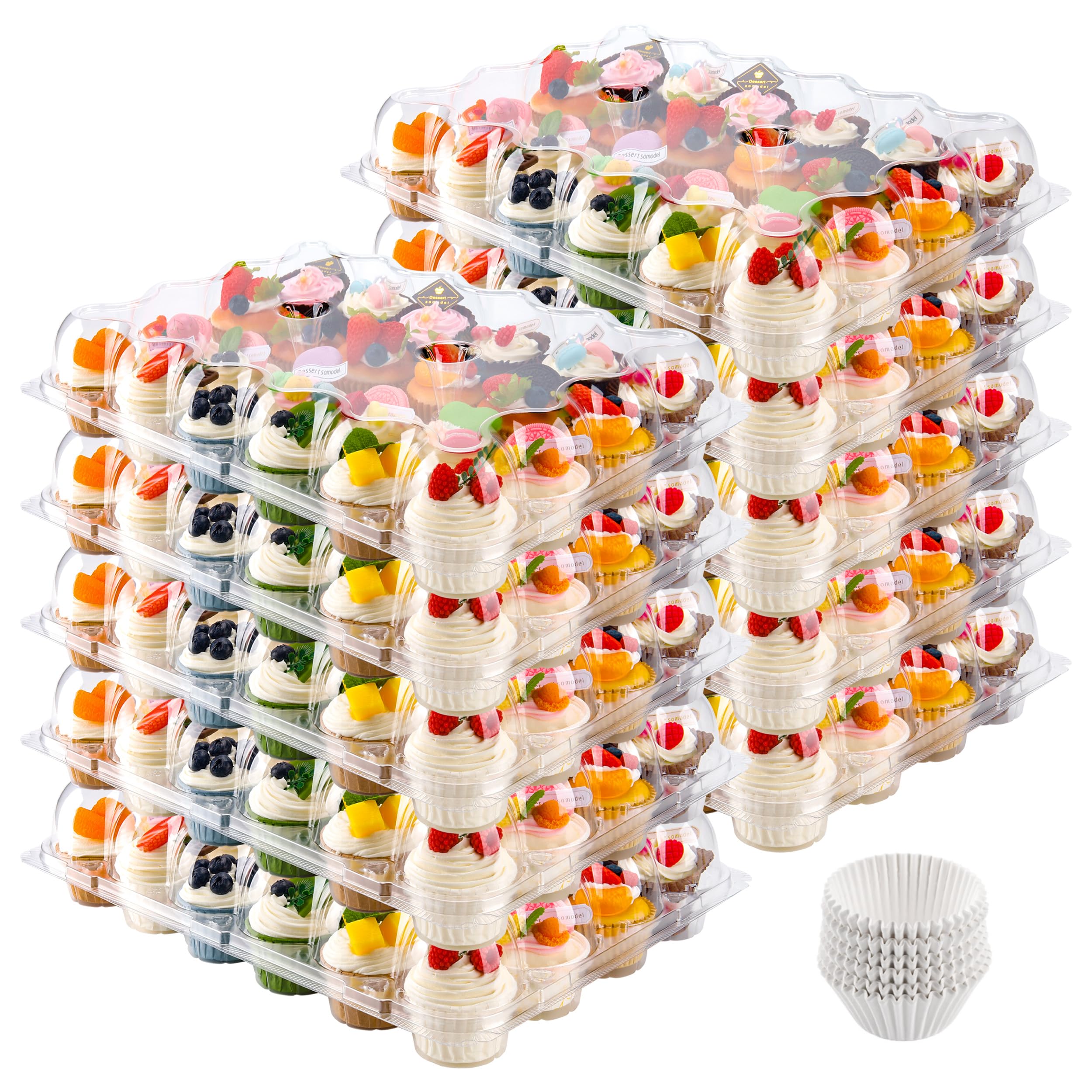 24 Count Cupcake Containers 10 Pack Cupcake Holders Plastic Stackable Cupcake Boxes with Detachable Tall Dome Lids and 240 Liners for 240 Cupcakes, BPA Free, Standard Size