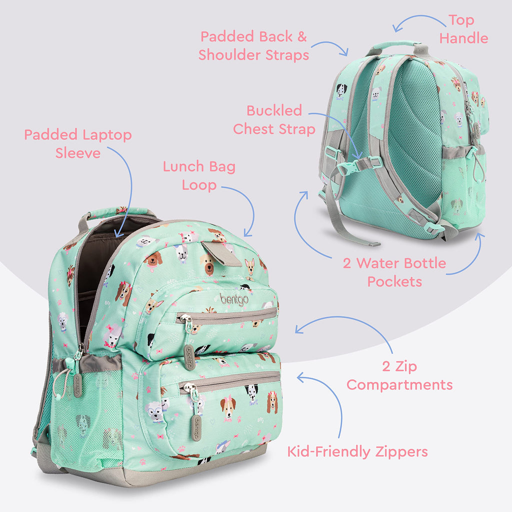 Bentgo Kids Backpack - Lightweight 14” Backpack in Fun Prints for School, Travel, & Daycare, Ideal for Ages 4+, Roomy Interior, Durable & Water-Resistant Fabric, & Loop for Lunch Bag (Trucks)