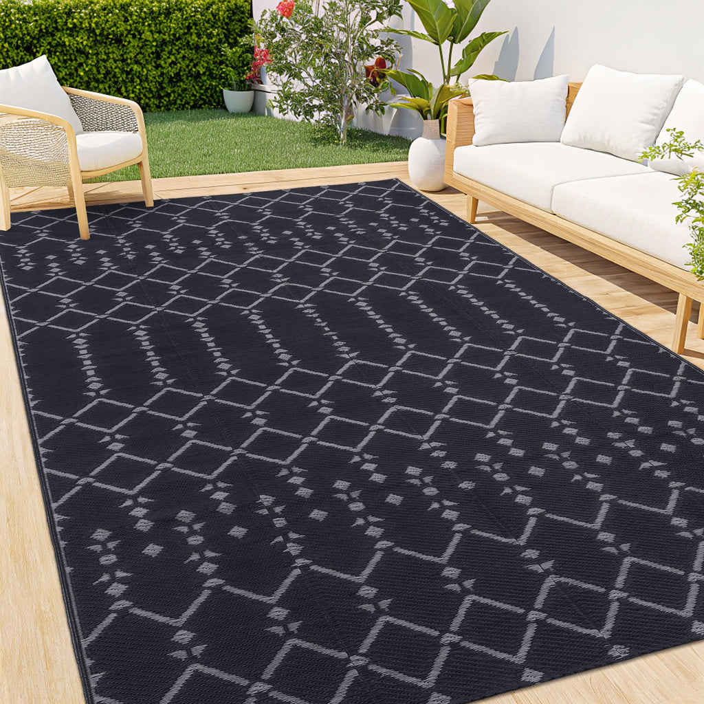 Smiry Waterproof Outdoor Rug 5x8 ft, Reversible Plastic Straw Patio Camping Rugs, Outdoor Indoor RV Mat Carpet for Patio, Outside Entry, Backyard, Deck, Bench, Picnic, Camper, Black & Beige