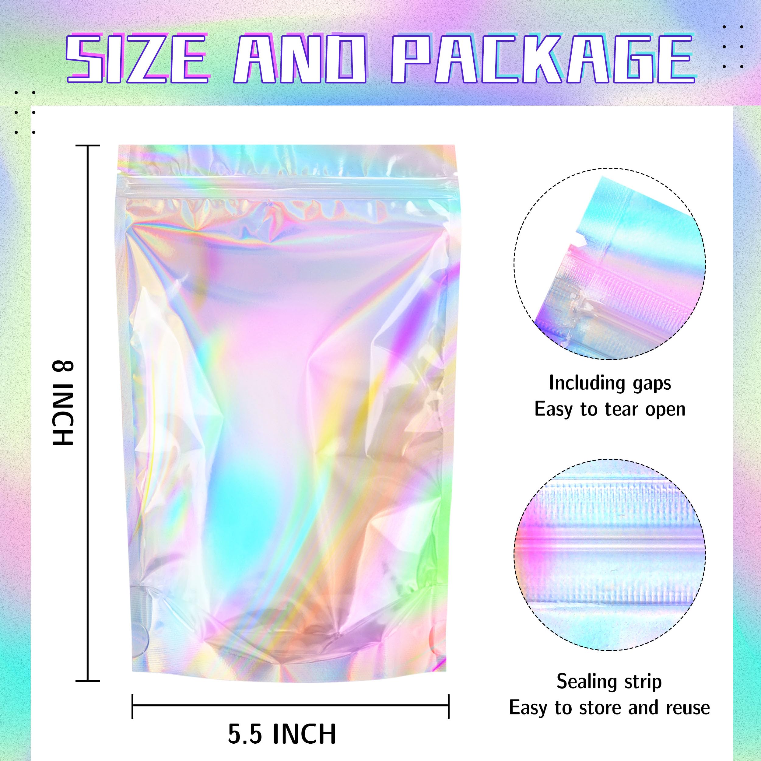 Holographic Mylar Bags Resealable Smell Proof Bags for lip gloss, Jewelry, Lash Candy and More - Small Business Packaging Supplies(100PACK, 3x9INCH)