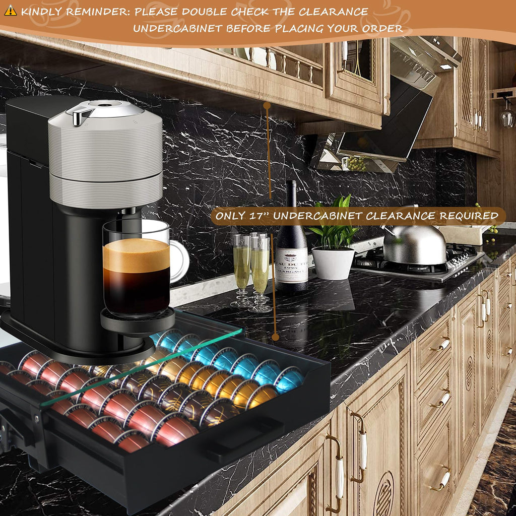 Vertuo Pod Holder Drawer with Deluxe Black Tempered Glass Top, Compatible for Nespresso VertuoLine Pods, Holds up to 75 Small or 50 Big Vertuo Pods Compact Design (Piano Black Nespresso Pods Holder)