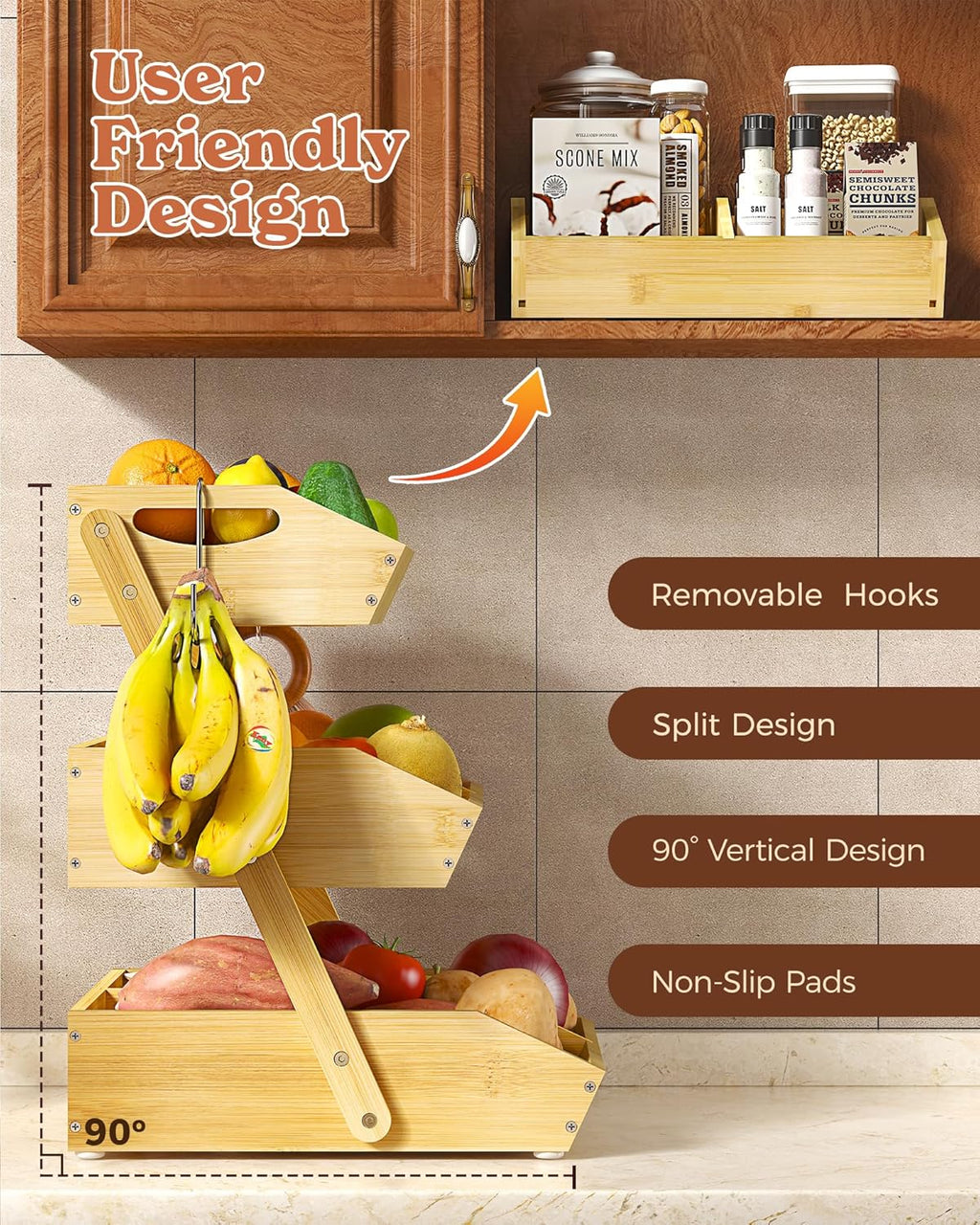 3 Tier Wooden Fruit Basket with 2 Mobile Banana Holders, 3 Pack L-Shaped Pull Out Under Sink Organizers