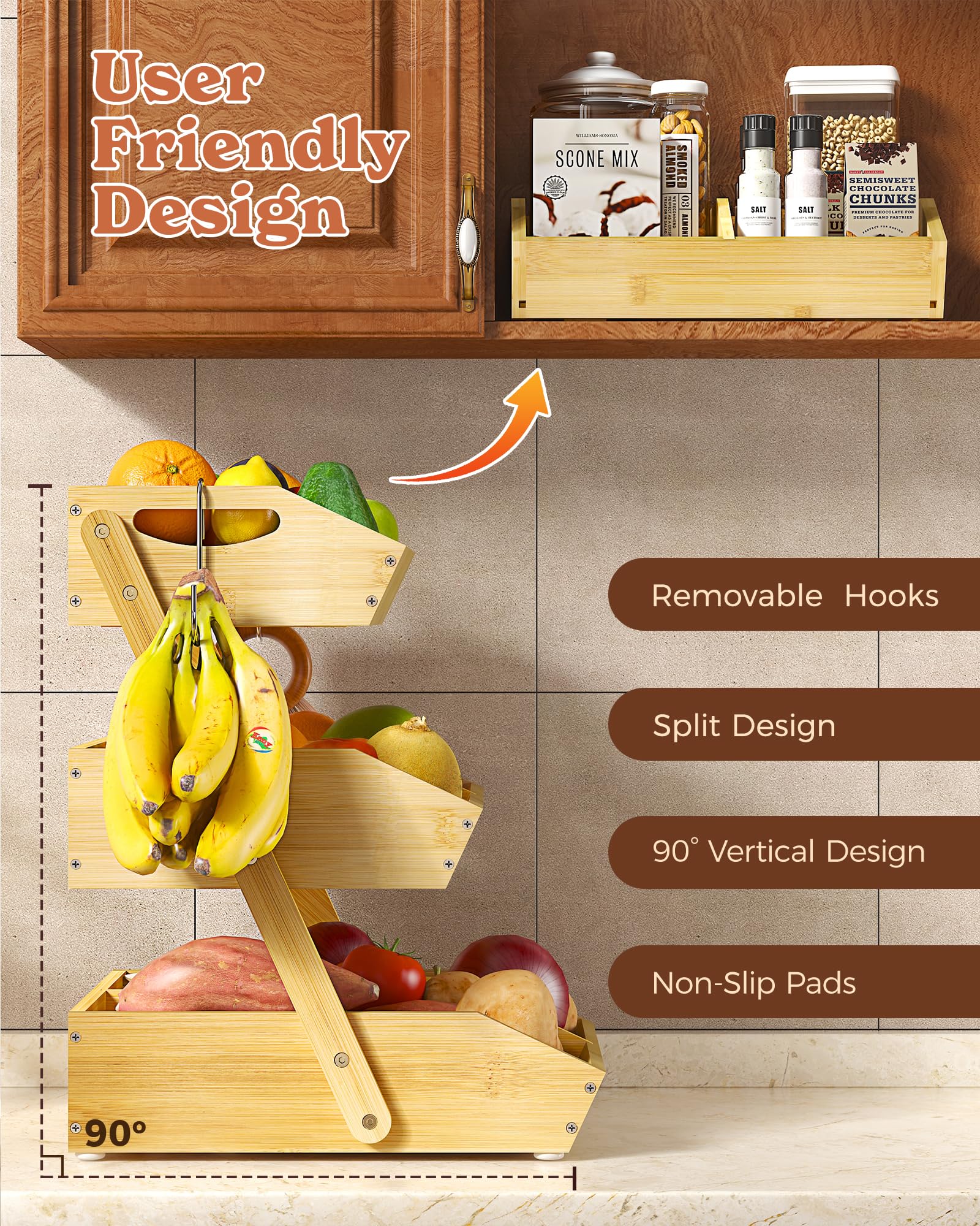3 Tier Large Bamboo Fruit Basket for Kitchen Counter with 2 Banana Holders, Kitchen Countertop Organizer with Protective Mats, Tiered Fruit Bowl for Bread Snack Veggies with Dividers