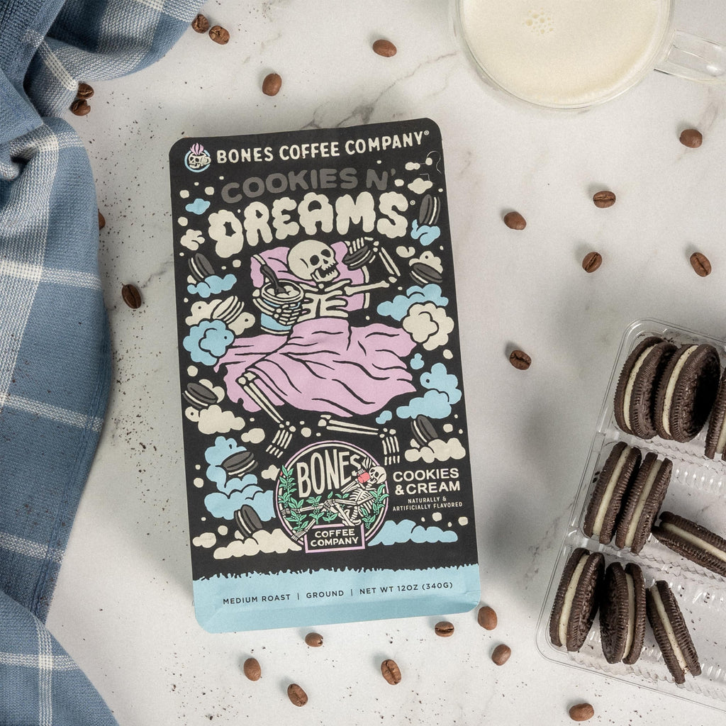 Bones Coffee Company Highland Grog, Butterscotch Caramel Flavored Coffee, Medium Roast Low Acid Arabica Beans Compatible with Auto drip and French Press Coffee Maker, 12 Oz Ground