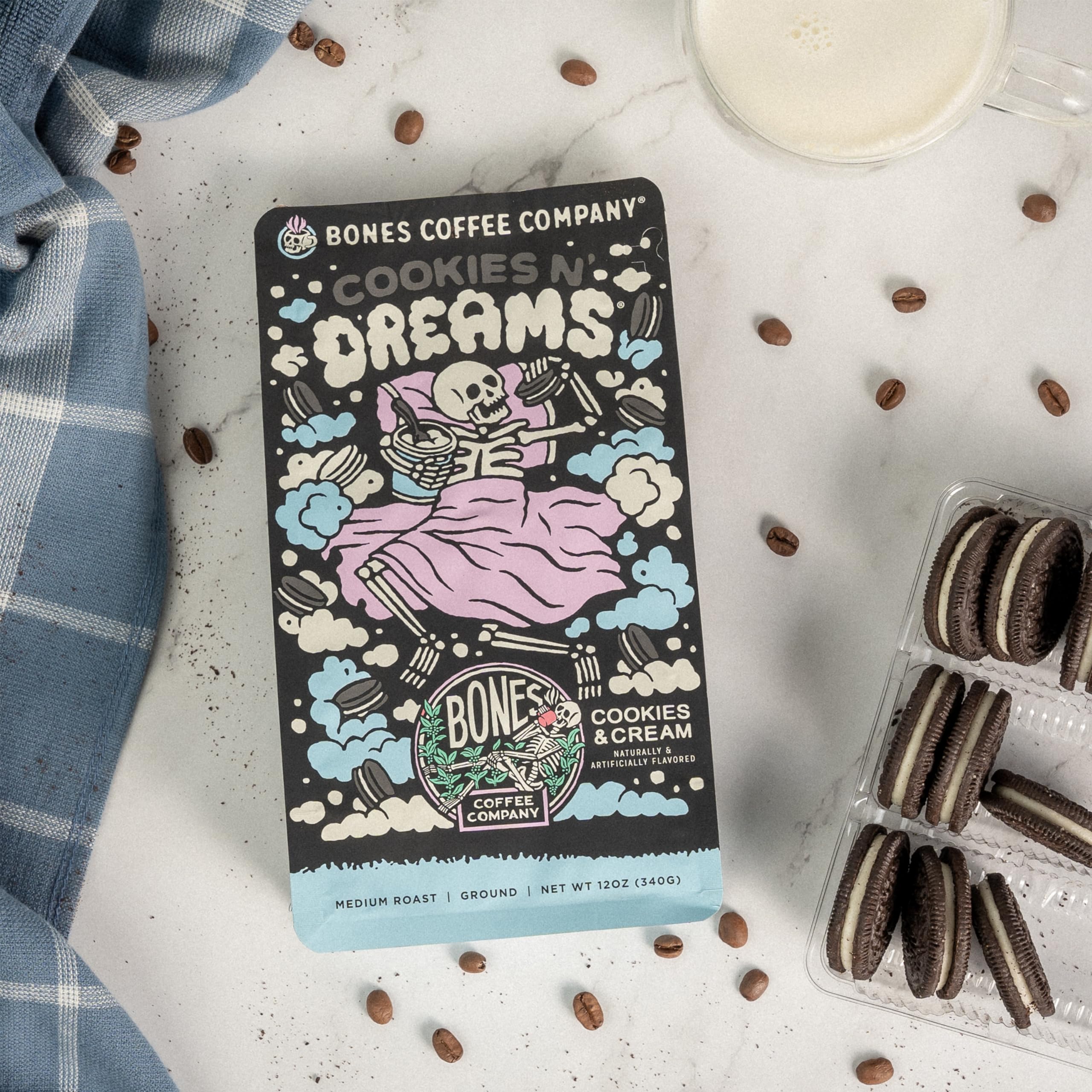Bones Coffee Company Highland Grog, Butterscotch Caramel Flavored Coffee, Medium Roast Low Acid Arabica Beans Compatible with Auto drip and French Press Coffee Maker, 12 Oz Ground