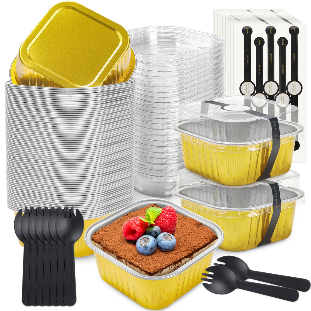 50 Pcs Mini Cake Pans with Lids and Spoons Aluminum Foil Mini Square Baking Cups with Lids Disposable Ramekins Cake Pans Dessert Cups for Wedding Birthday Party(Pink,5oz)