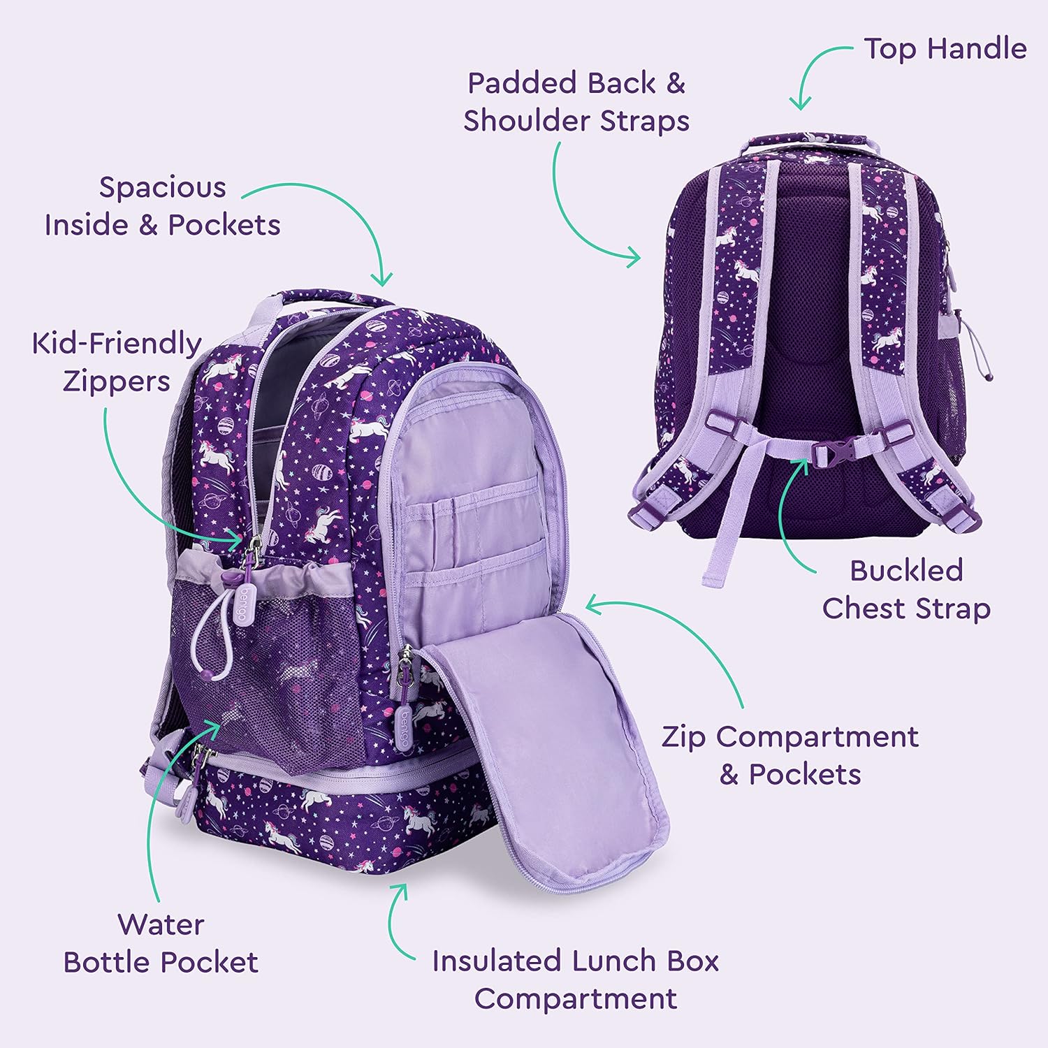 Bentgo 2-in-1 Backpack & Insulated Lunch Bag Set With Stainless Steel Water Bottle (Unicorn)