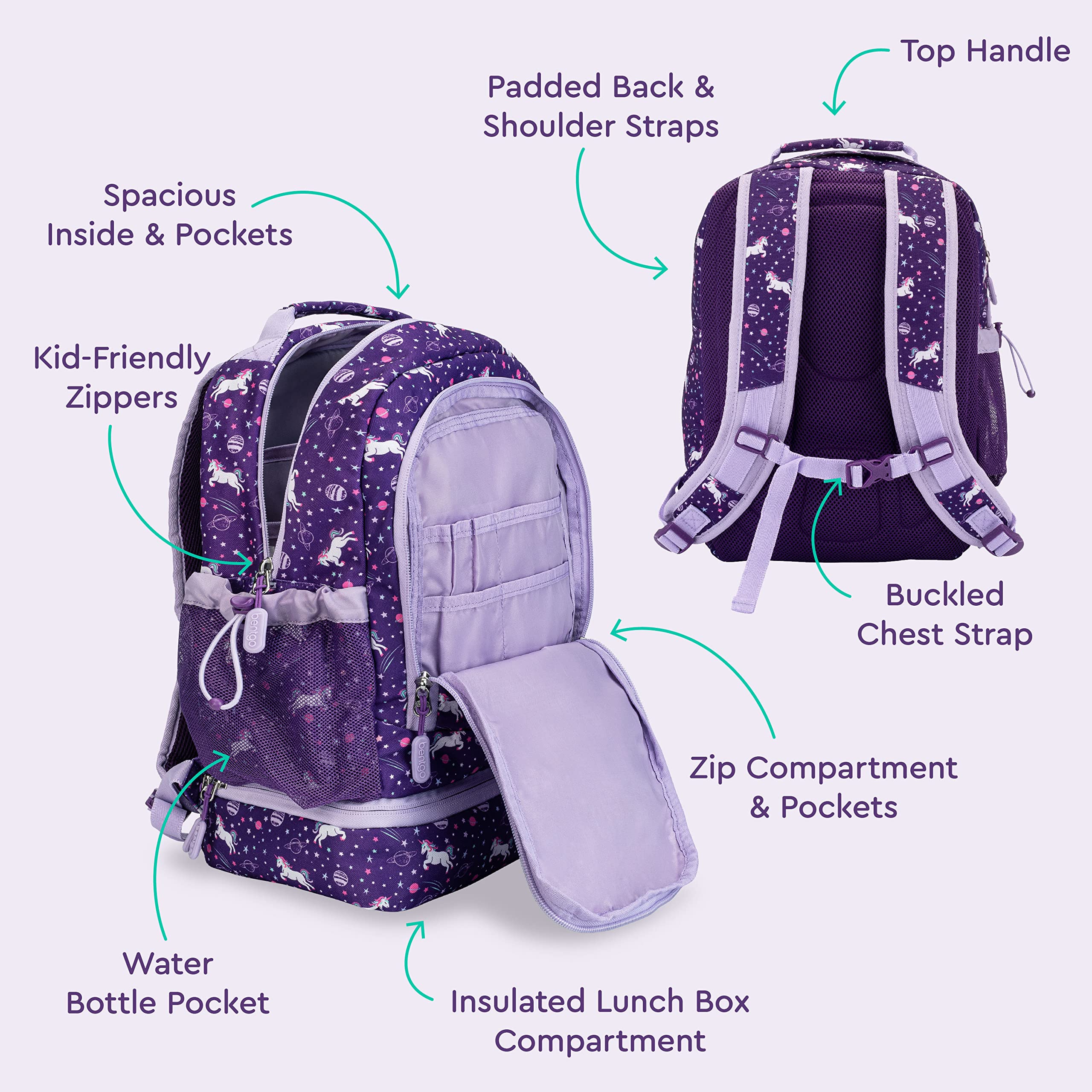 Bentgo Kids 2-in-1 Backpack & Insulated Lunch Bag - Durable 16” Backpack & Lunch Container in Unique Prints for School & Travel - Water Resistant, Padded & Large Compartments (Dinosaur)