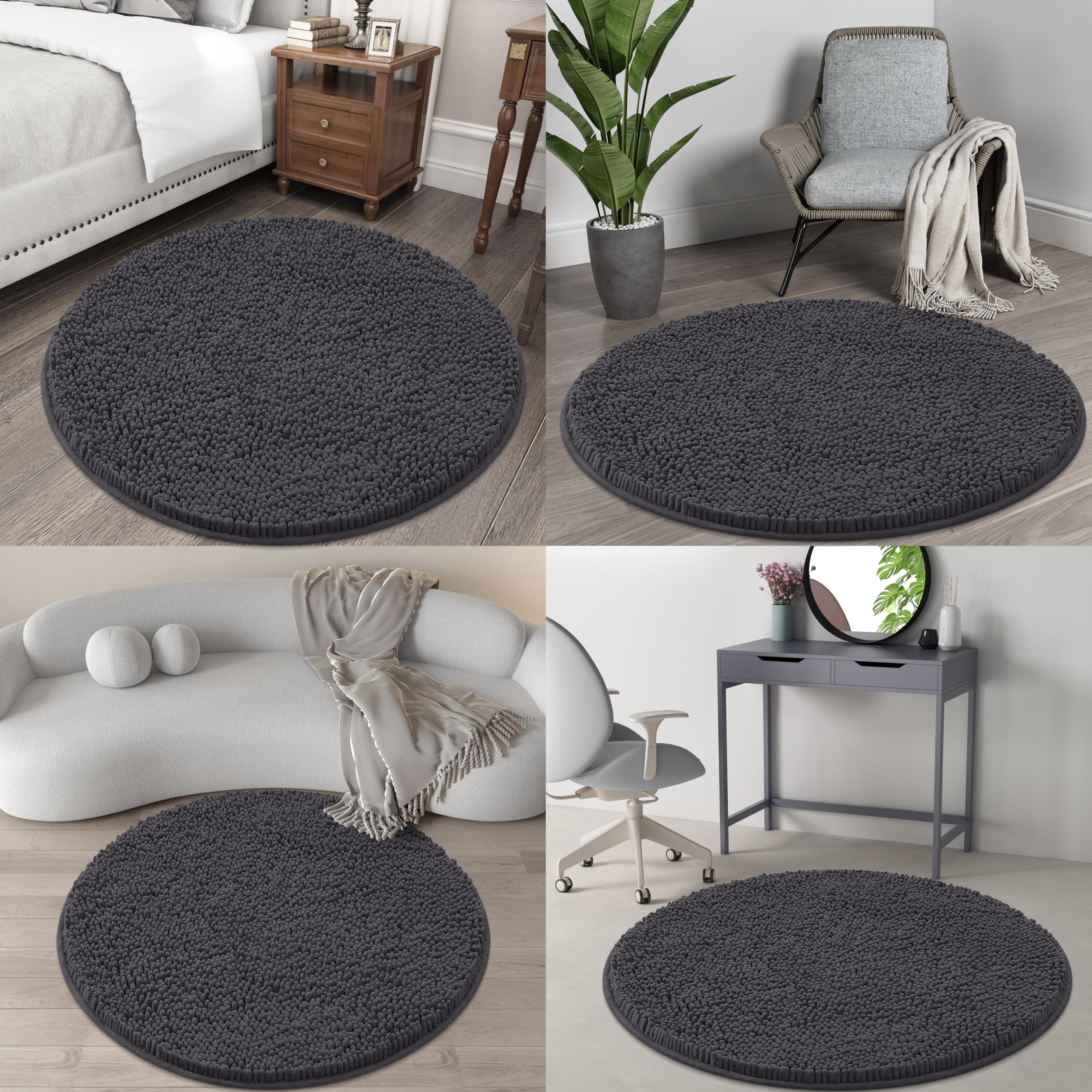 OLANLY 30-inch Round Bathroom Rugs, Extra Soft and Absorbent Chenille Bath Rugs, Quick Dry Machine Washable Bath Mats for Bathroom Floor, Tub and Shower, Home Decor Accessories, Grey