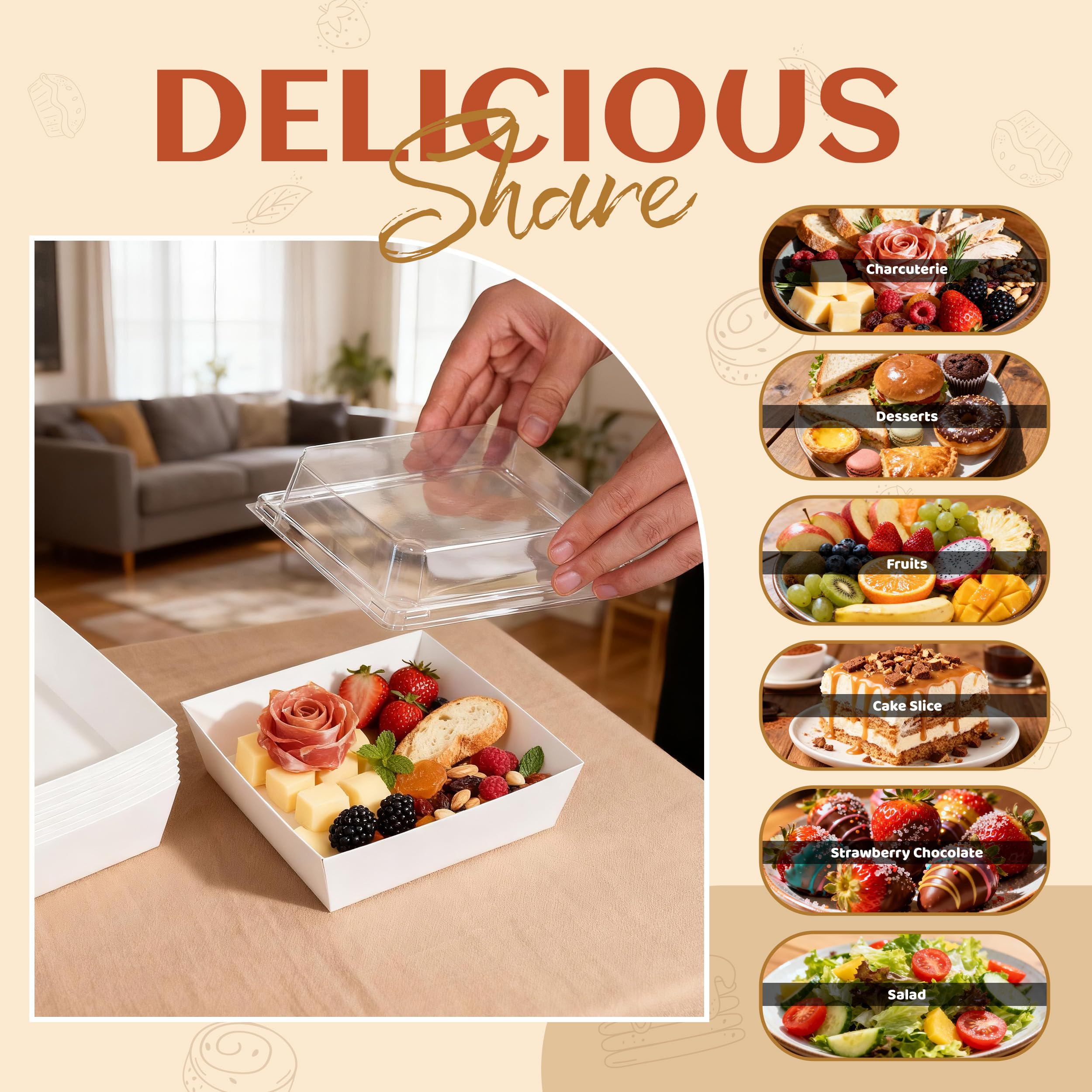 Disposable Charcuterie Boxes with Clear Lid, Food Boxes for Cold&Room Temperature Foods,Grease-Resistant Bakery Packaging for Pastry & Takeout Use 5.3x4.9x2.5INCH(50 Pack,Brown)